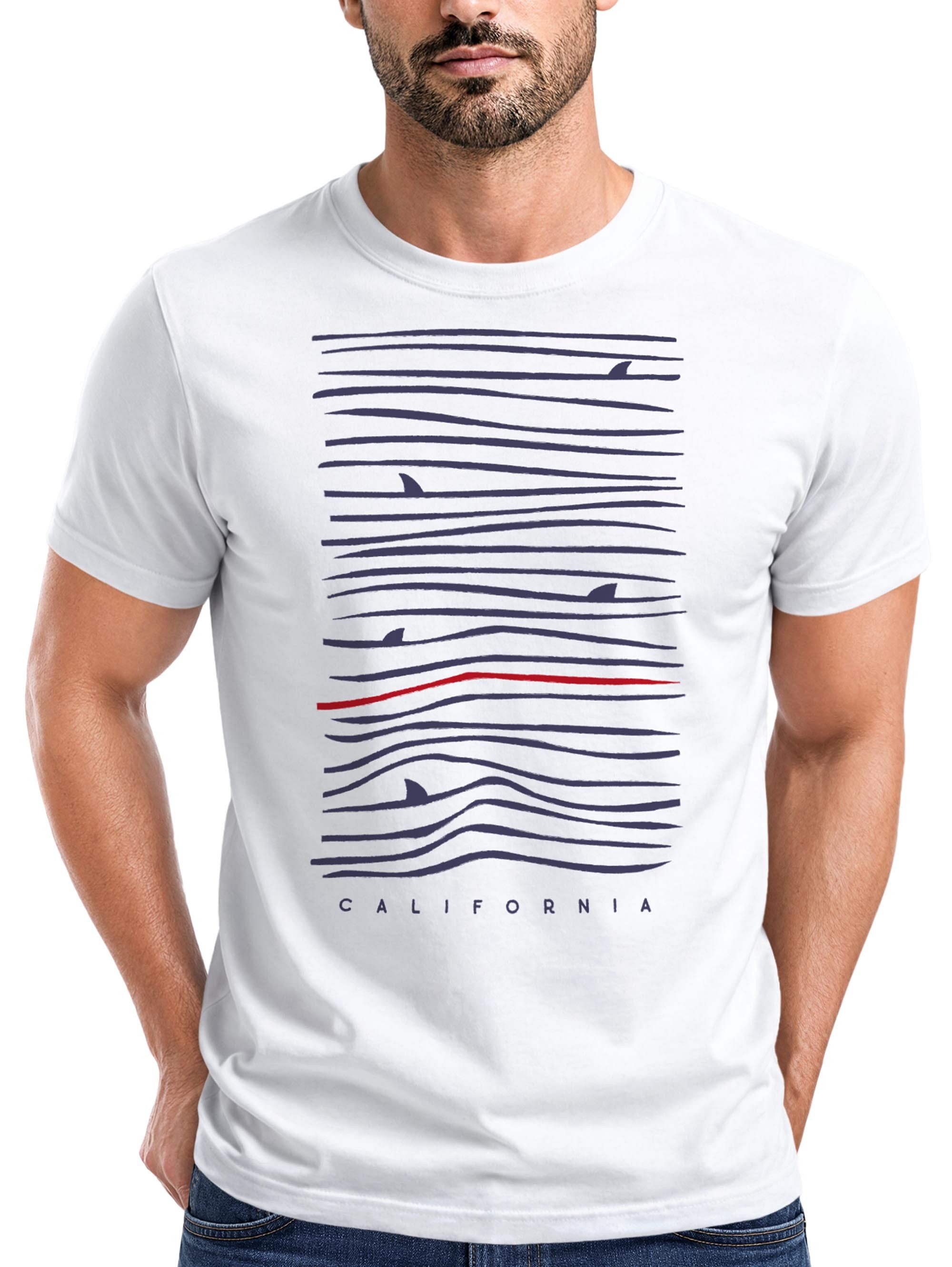 Print-Shirt Herren T-Shirt Frontprint Minimalismus Wellen Meer Aufdruck