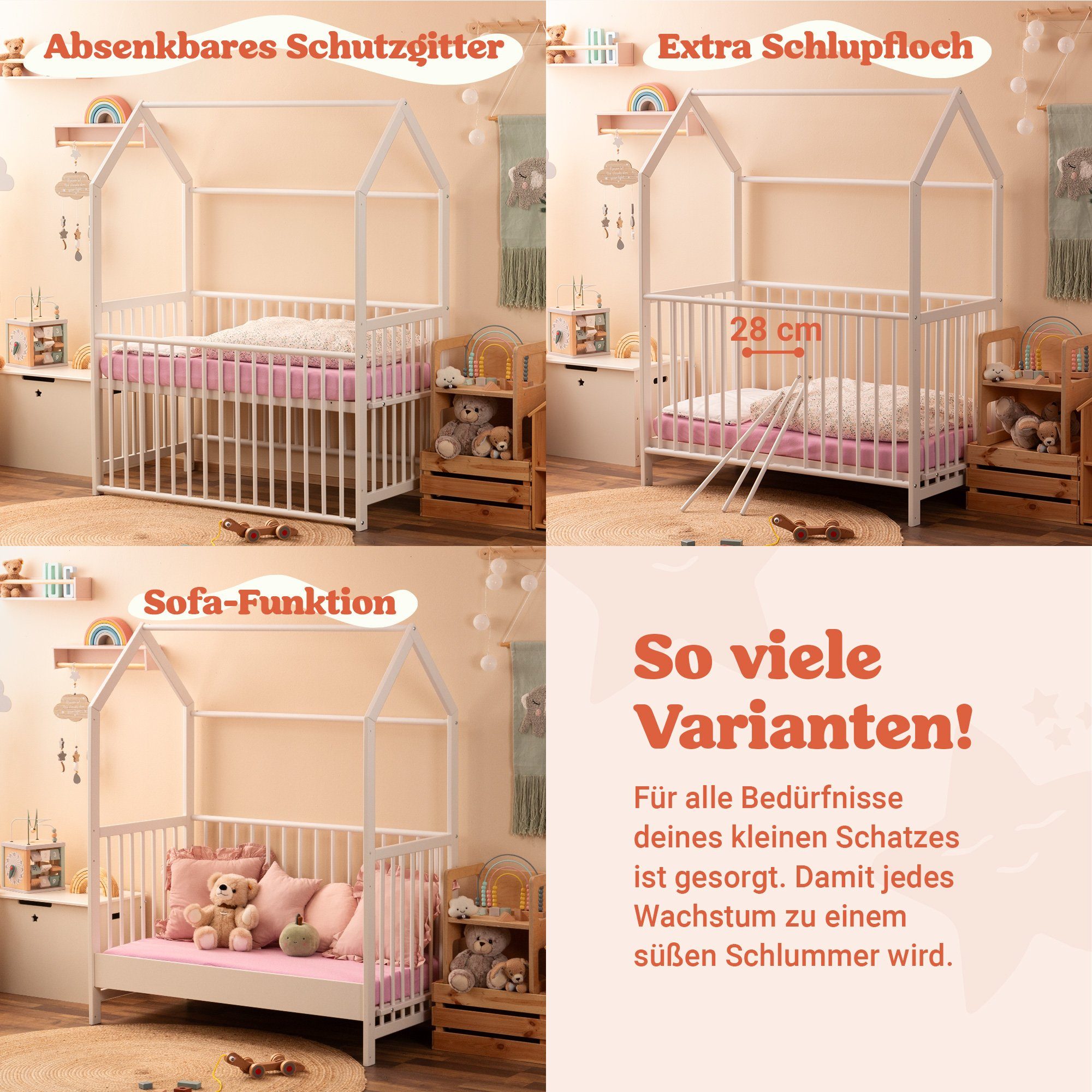 Sofa Mitwachsendes Alcube mit Baby in Komplettbett in Made mit 1, aus Matratze Buchenholz, Weiß - 3 DIN I cm Hausbett 1130, MILO Matratze Babybett 60x120 EN zum umbaubar Germany