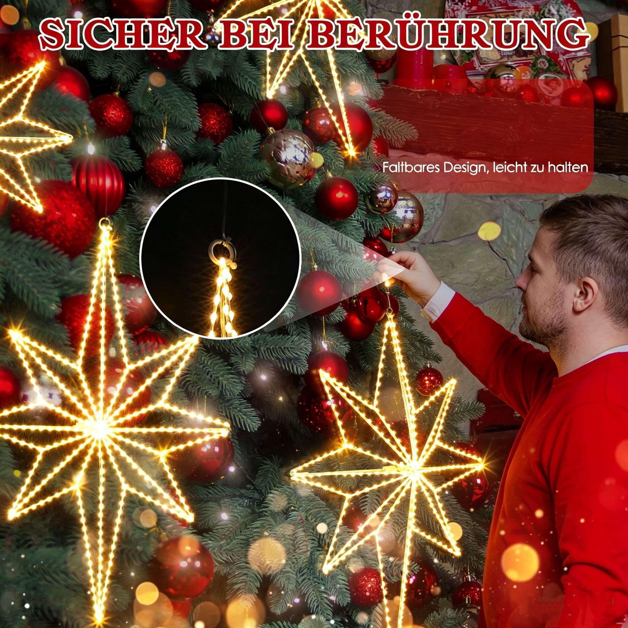 Quntis LED-Lichterkette LED Stern Fensterdeko, Warmweiß weihnachtsdeko, Faltbar, mit 3m Kabel, 62×39cm Bethlehemstern, 360 LEDs, IP20, inkl. Haken & Kabelbinder – Bild 5 von 5