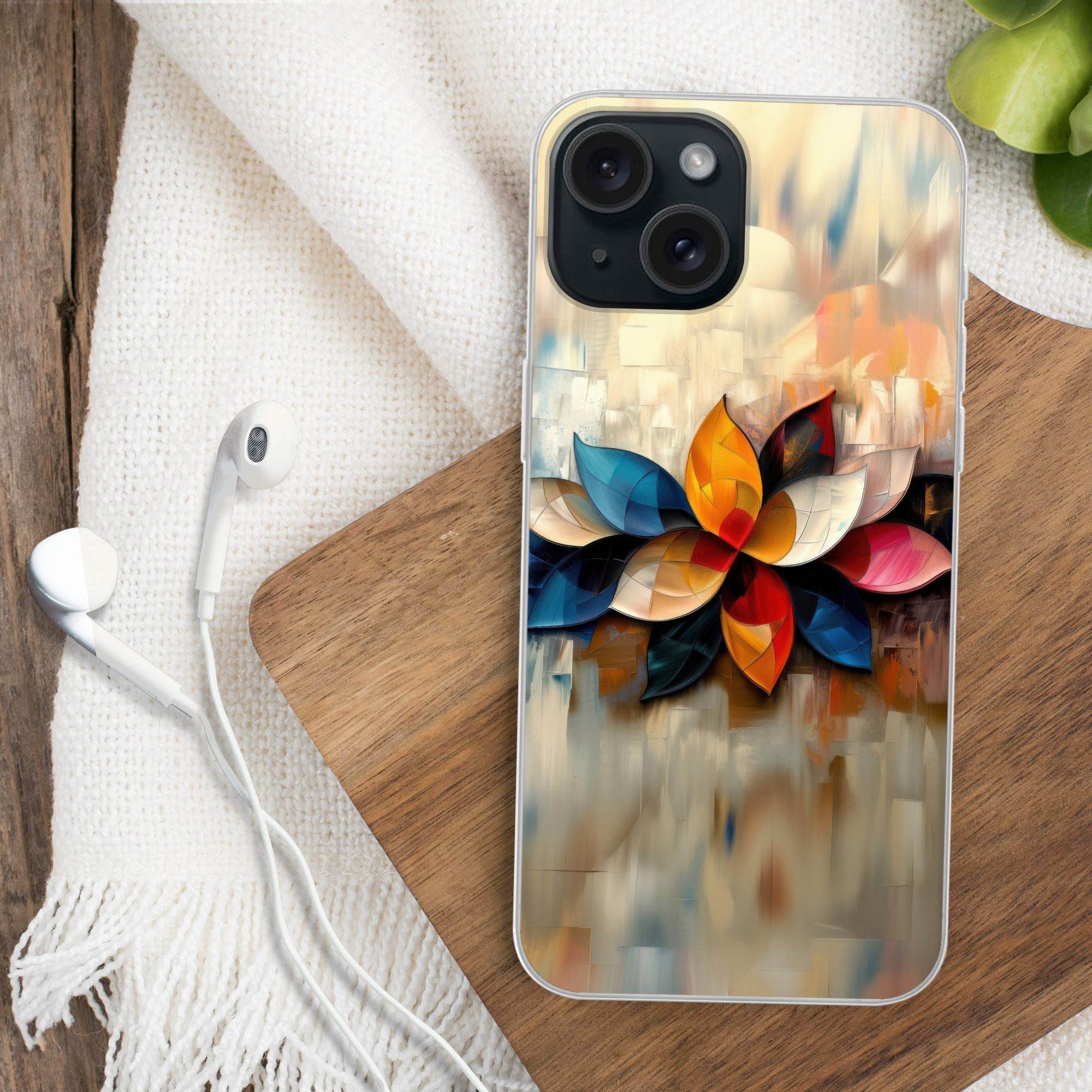 MuchoWow Handyhülle für Apple iPhone 15 Blume - Abstrakt - Bunt - Blätter, Smartphone-Bumper, Print, Handy Schutzhülle Dünn