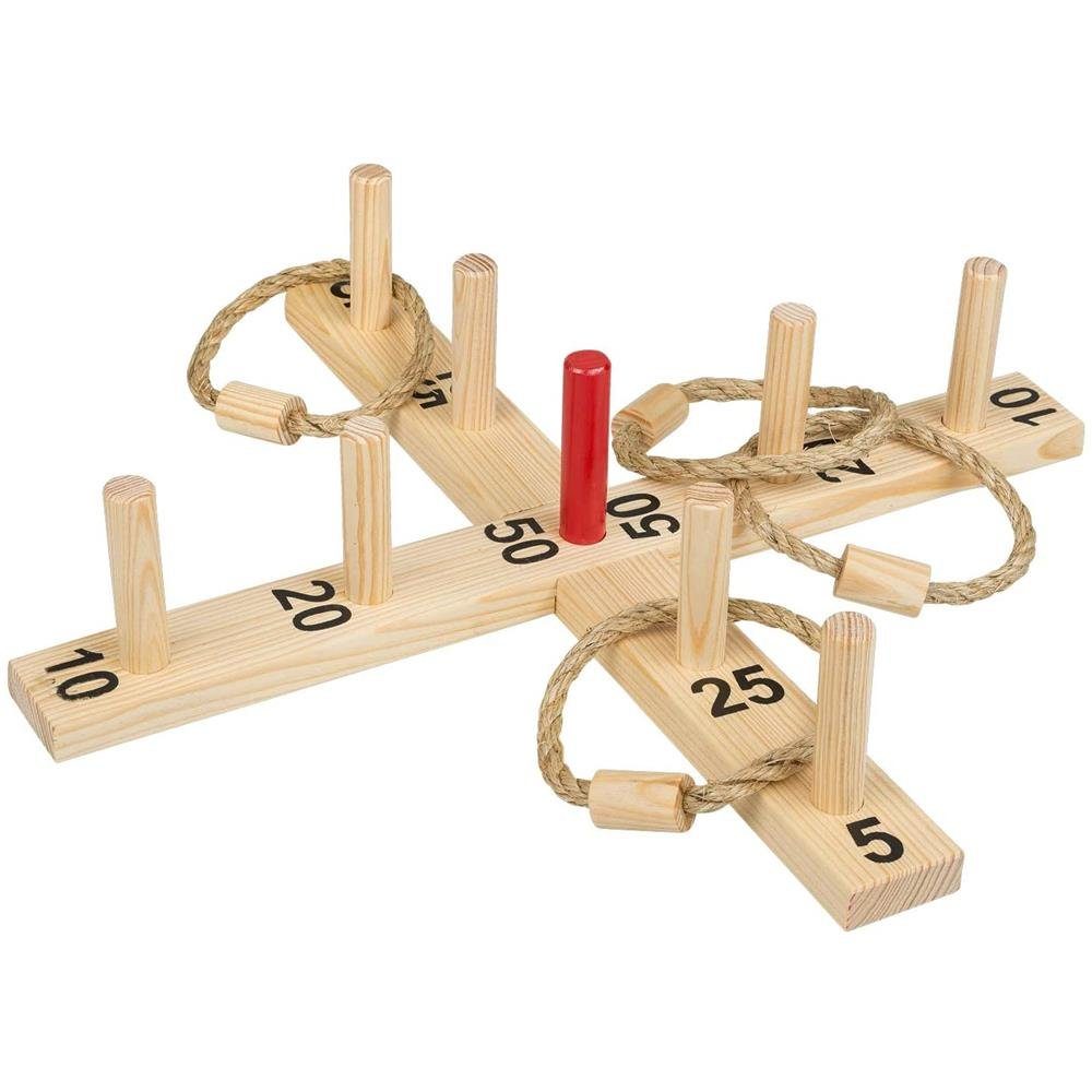 Idena Wurfscheibe 40158 - Ringwurfspiel, aus Holz mit 9 Spielstäben, 4 Ringen aus Sisal, für drinnen und draußen