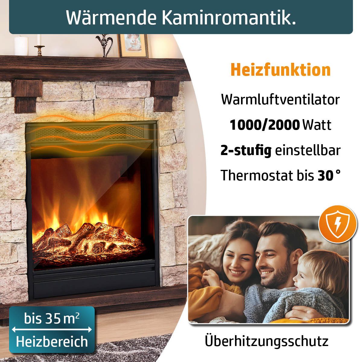 AMBINESS Elektrokamin 2 Heizstufen, 900W - 2000W, LED - 3D Flammeneffekt mit Farbwechsel, inkl. Fernbedienung Timer & Thermostat