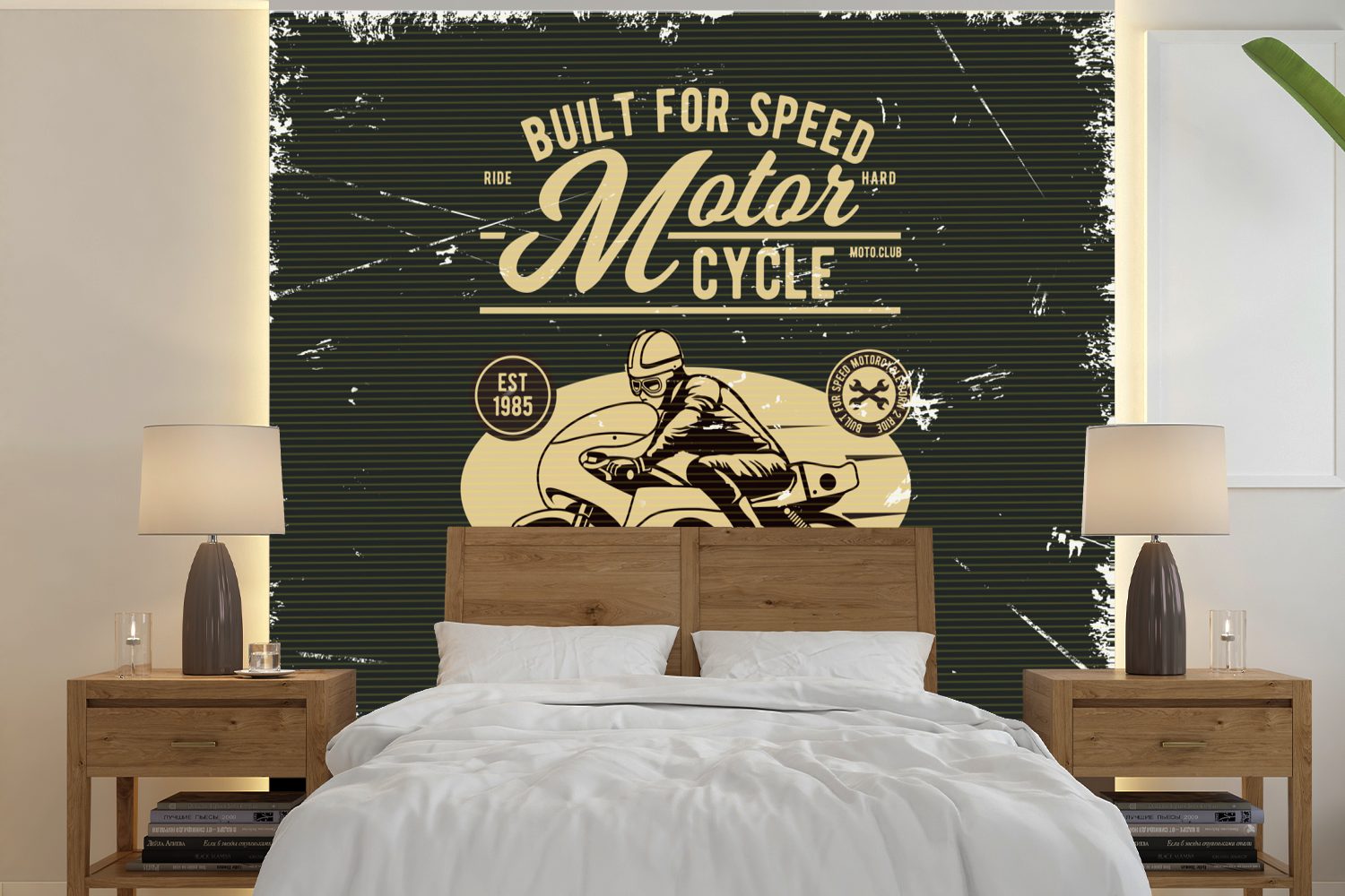 MuchoWow Fototapete Motorrad - Mann - Zeichnung - Retro, Matt, bedruckt, (5 St), Vinyl Tapete für Wohnzimmer oder Schlafzimmer, Wandtapete
