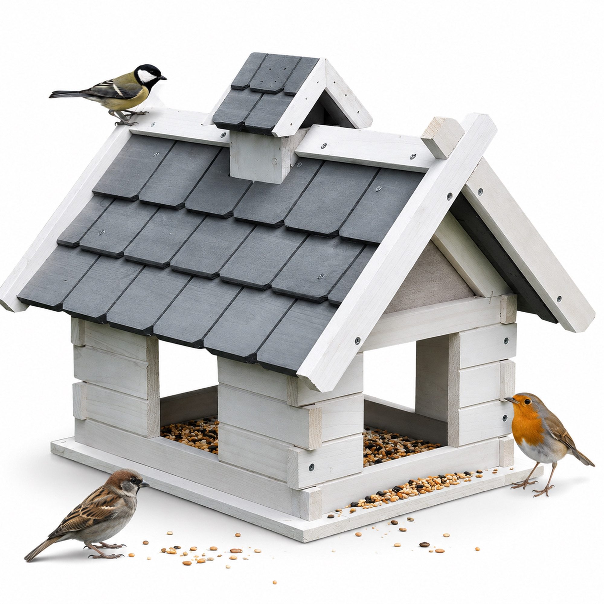 Mucola Vogelhaus Vogelvilla Grau Weiß Holz Vogelfutterhaus Vogelhaus Dach Vogelhäuschen, Eine kleine Erhöhung am Rand sorgt dafür, dass kein Futter herausfällt