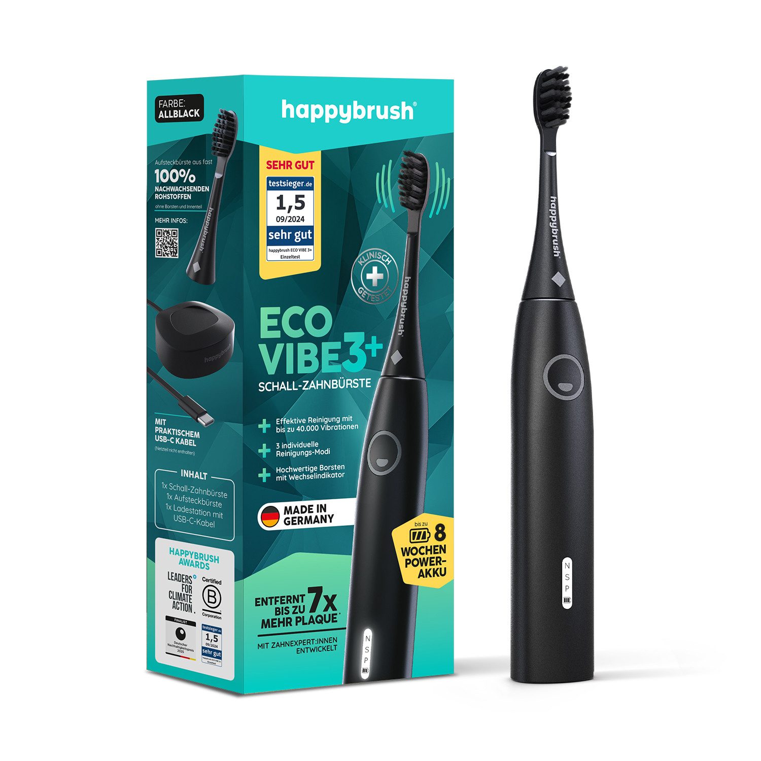 happybrush Schallzahnbürste Eco Vibe 3+ AllBlack, Aufsteckbürsten: 1 St., Eco Vibe 3+, 3 individuelle Putz-Modi, Schalltechnologie