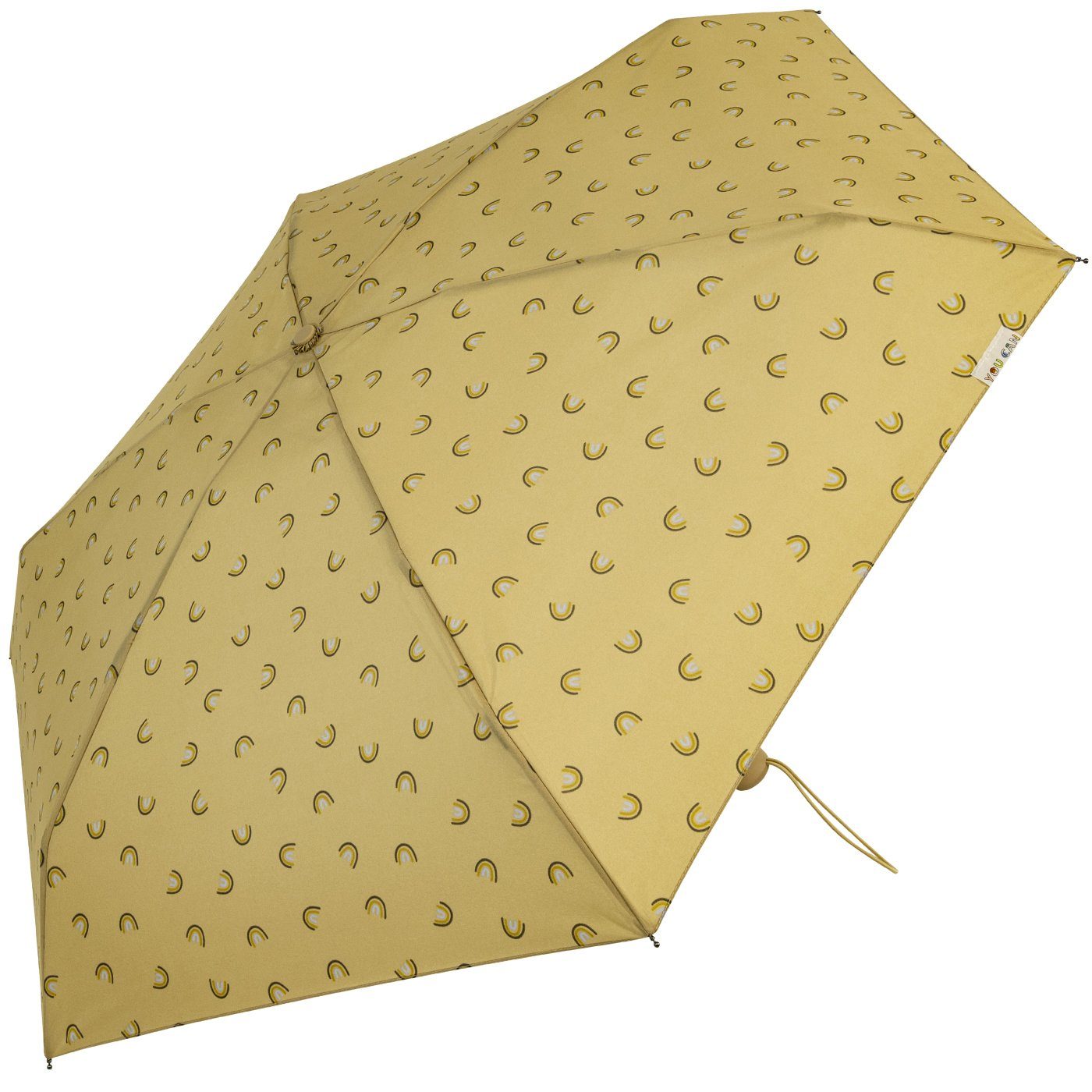 bisetti Taschenregenschirm Damen-Regenschirm, klein, stabil, kompakt, mit Handöffner, gedeckte Farben mit Bögen-Motiv - hellbraun