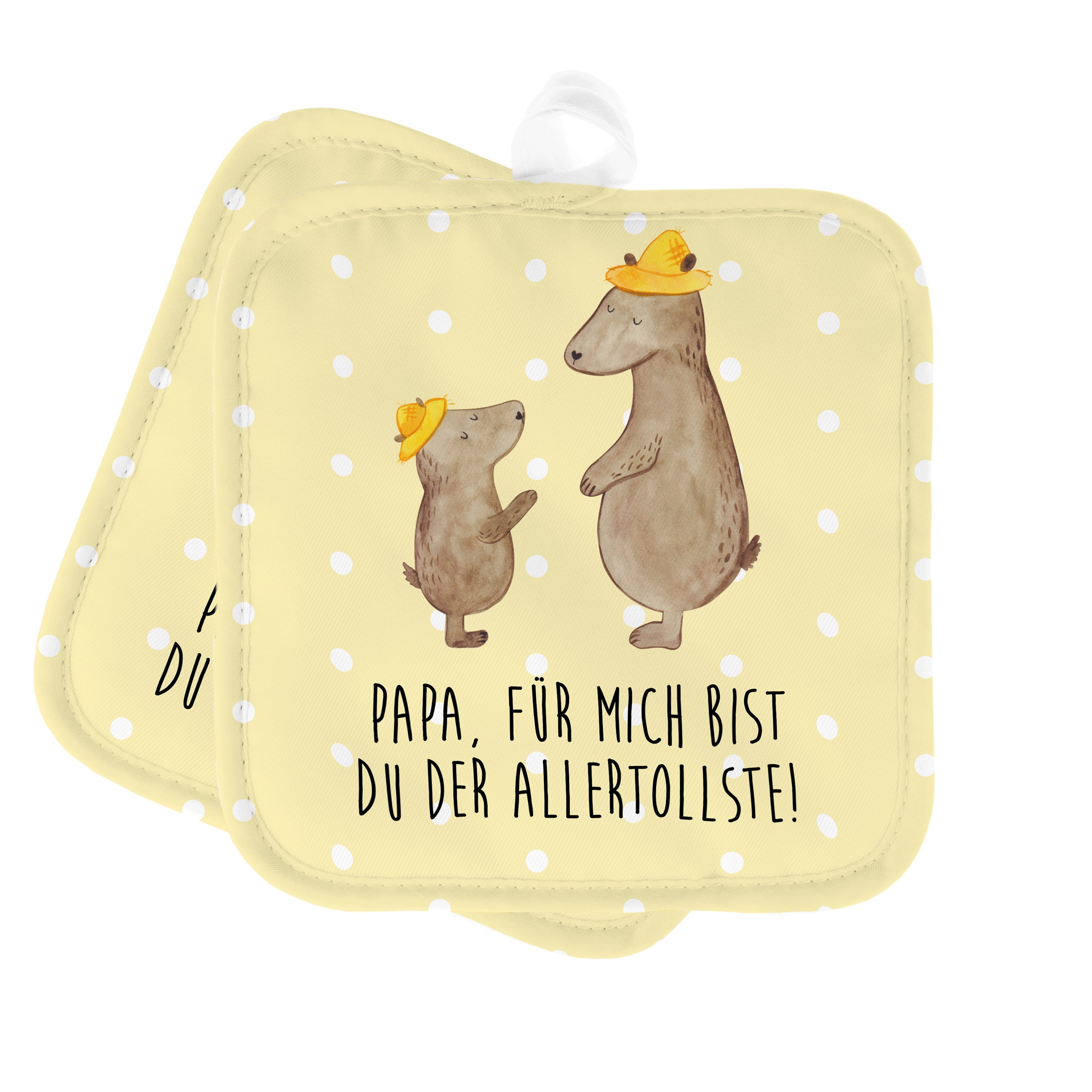 Mr. & Mrs. Panda Topflappen Bären mit Hut - Gelb Pastell - Geschenk, Ofenhandschuh, Familie, Vate, (1-tlg)