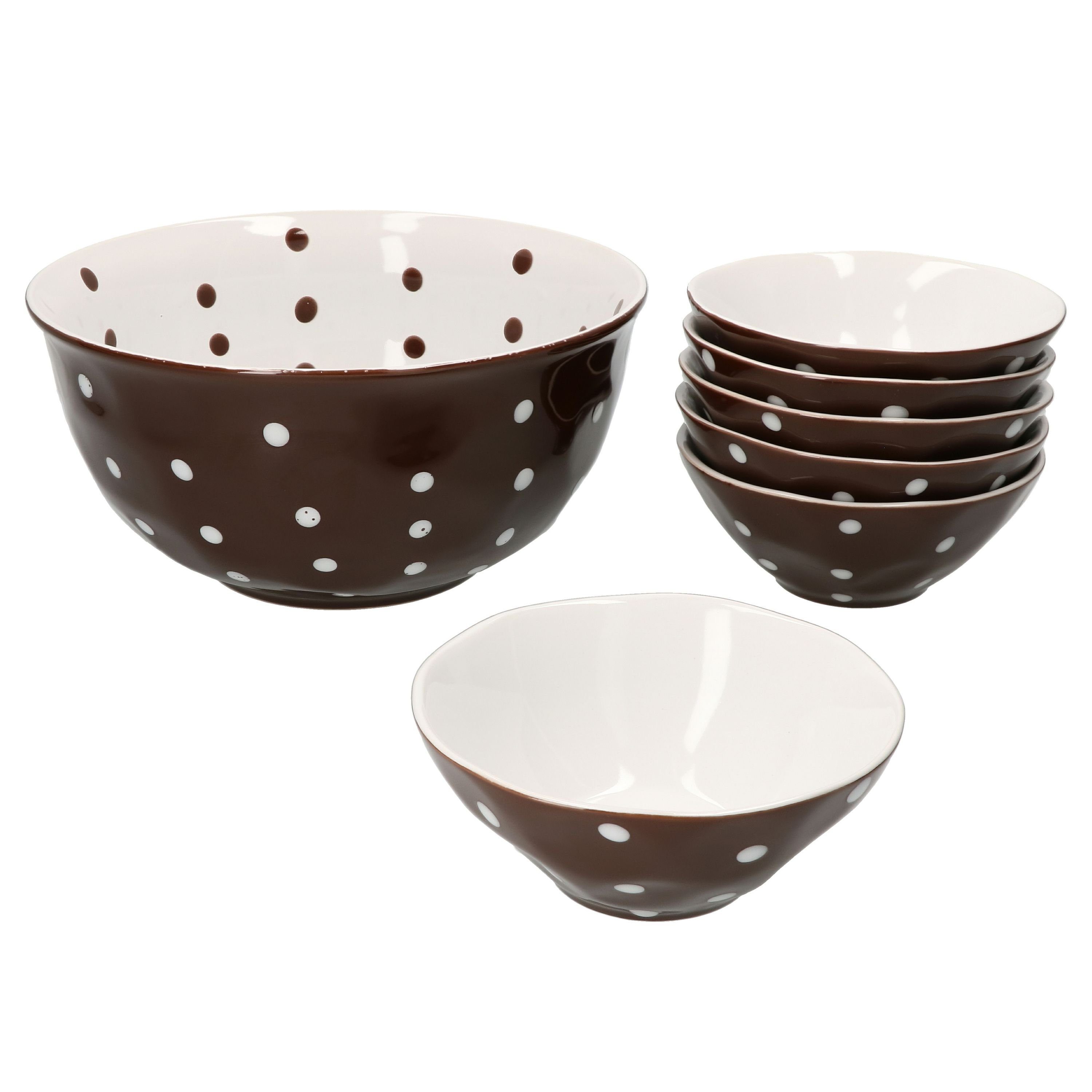 Servierschale 7tlg Set 6x Müslischale + Salatschüsel 24cm braun weiß gepunktet