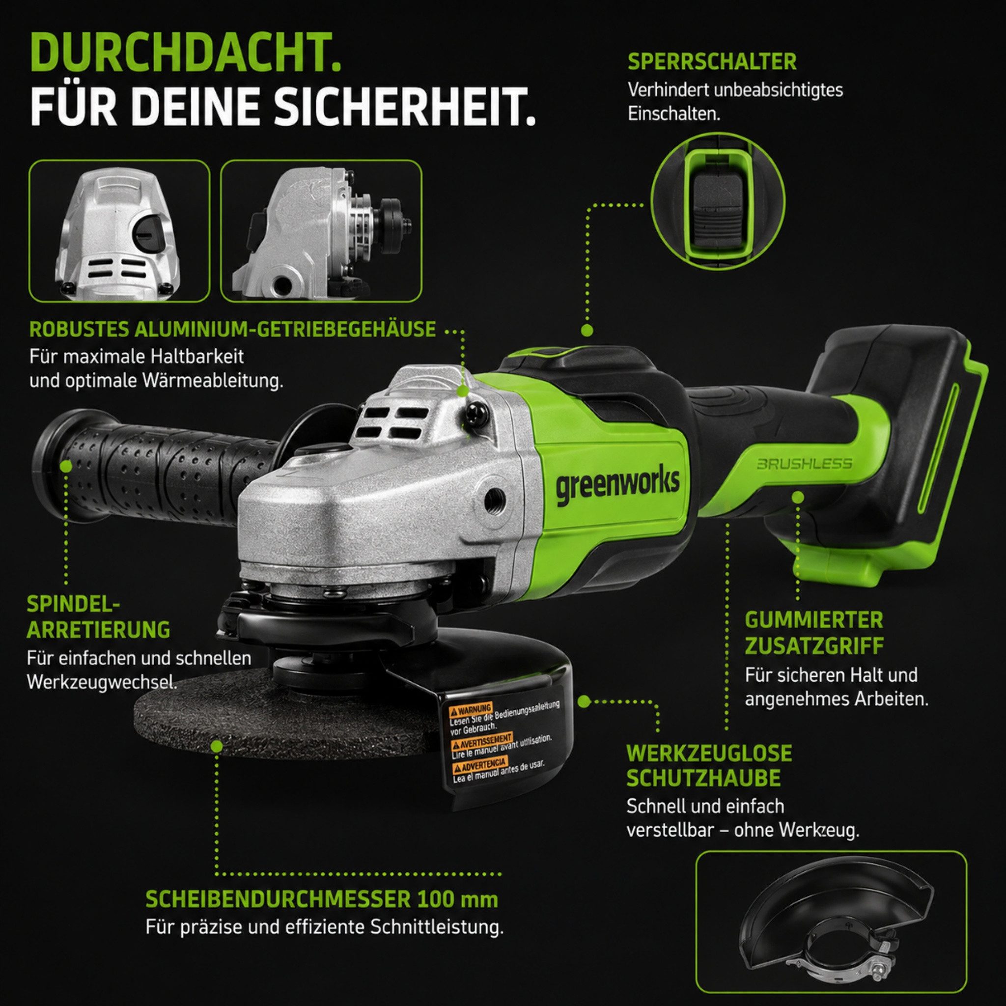 Greenworks Akku-Winkelschleifer Winkelschleifer 24V Brushless 100 mm, mit 10.500 U/min, 4.0Ah Akku, max. 10500 U/min, Winkelschleifer mit Schnellladegerät für Werkstätten Gärten Heimbüros