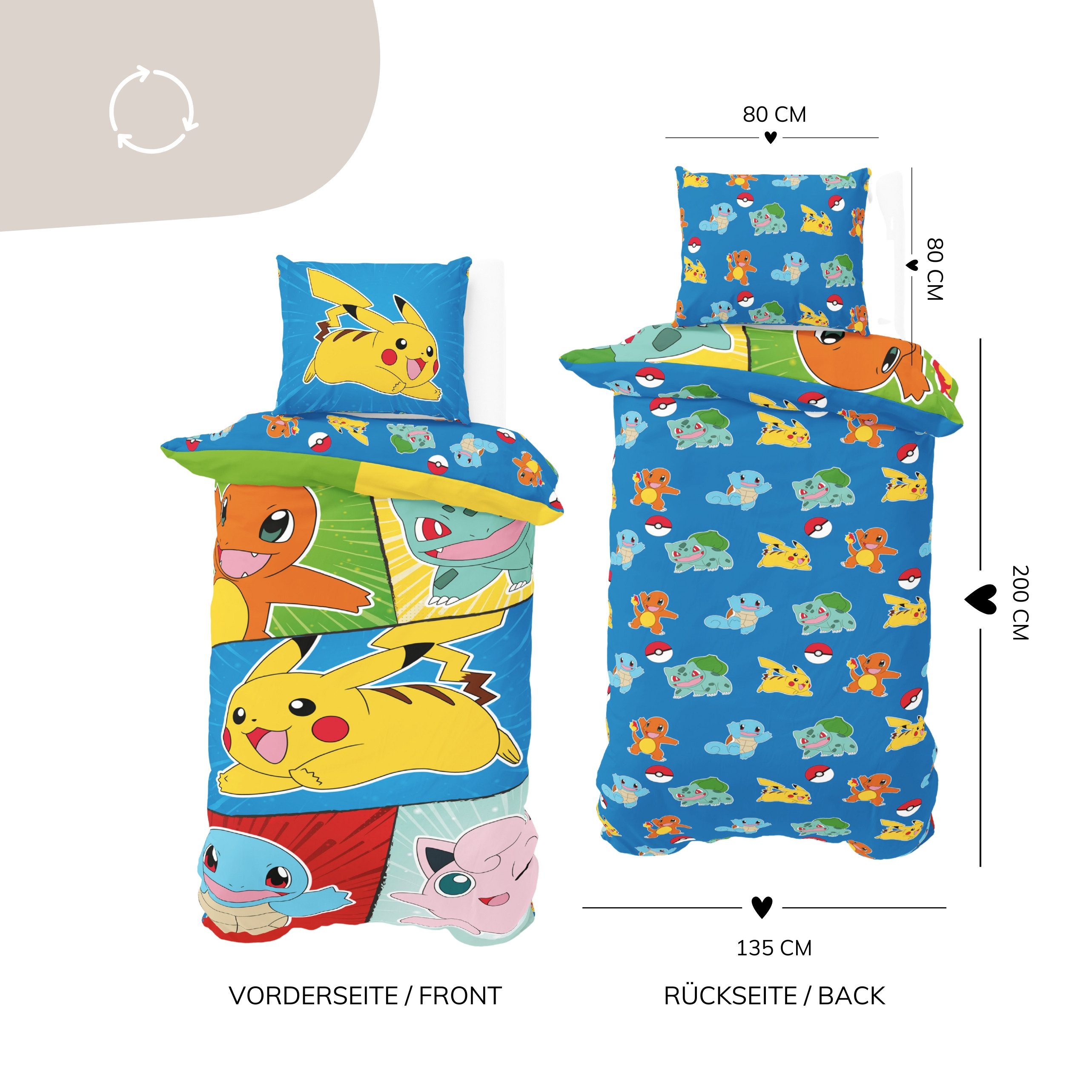 MTOnlinehandel Kinderbettwäsche Pokemon "Dream Team" weiche Microfaser, 135x200 cm + 80x80 cm, Microfaser, 2 teilig, Wendebettwäsche für Mädchen und Jungen, Gam – Bild 5 von 5