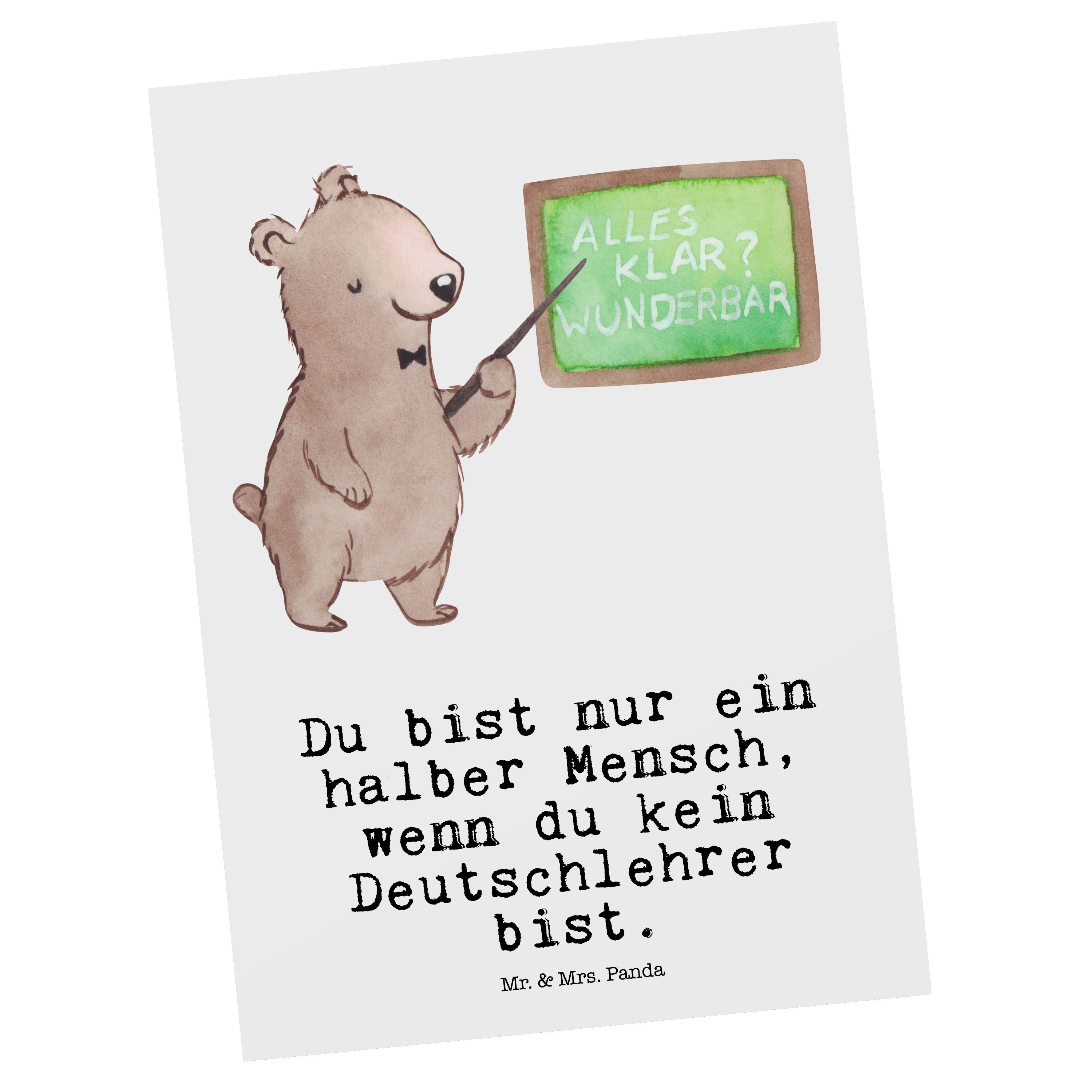 Mr. & Mrs. Panda Postkarte Deutschlehrer mit Herz - Weiß - Geschenk, Einladung, Schule, Grußkart
