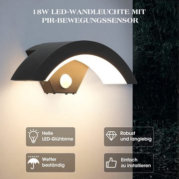 WILGOON LED Wandleuchte 18W Kurve Außen Wandlampe PIR mit Bewegungssensor, IP65 wasserfest, Außen Wandlampe für Schlafzimmer, Diele