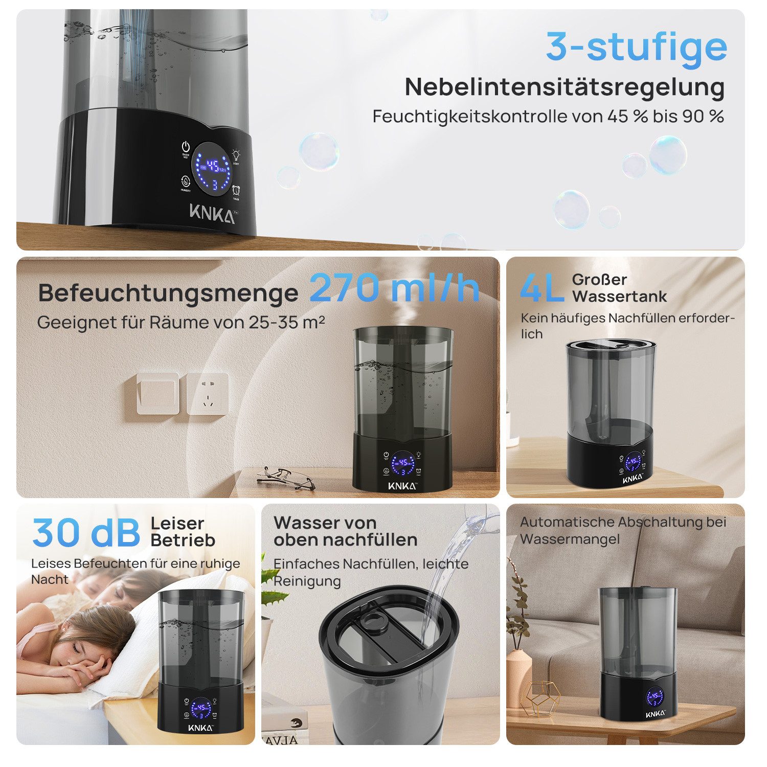 KNKA PRO Luftbefeuchter Top-Fill Raumbefeuchter, 4,00 l Wassertank, Ultra L günstig online kaufen
