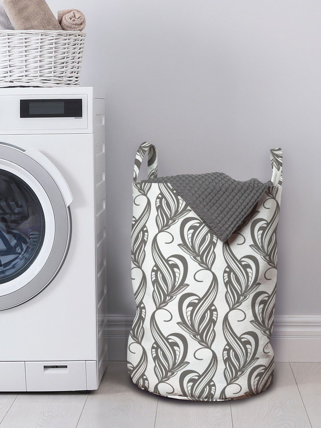 Abakuhaus Wäschesäckchen Wäschekorb mit Weiß und Waschsalons, Kordelzugverschluss für Blüten und Grau Blätter Griffen