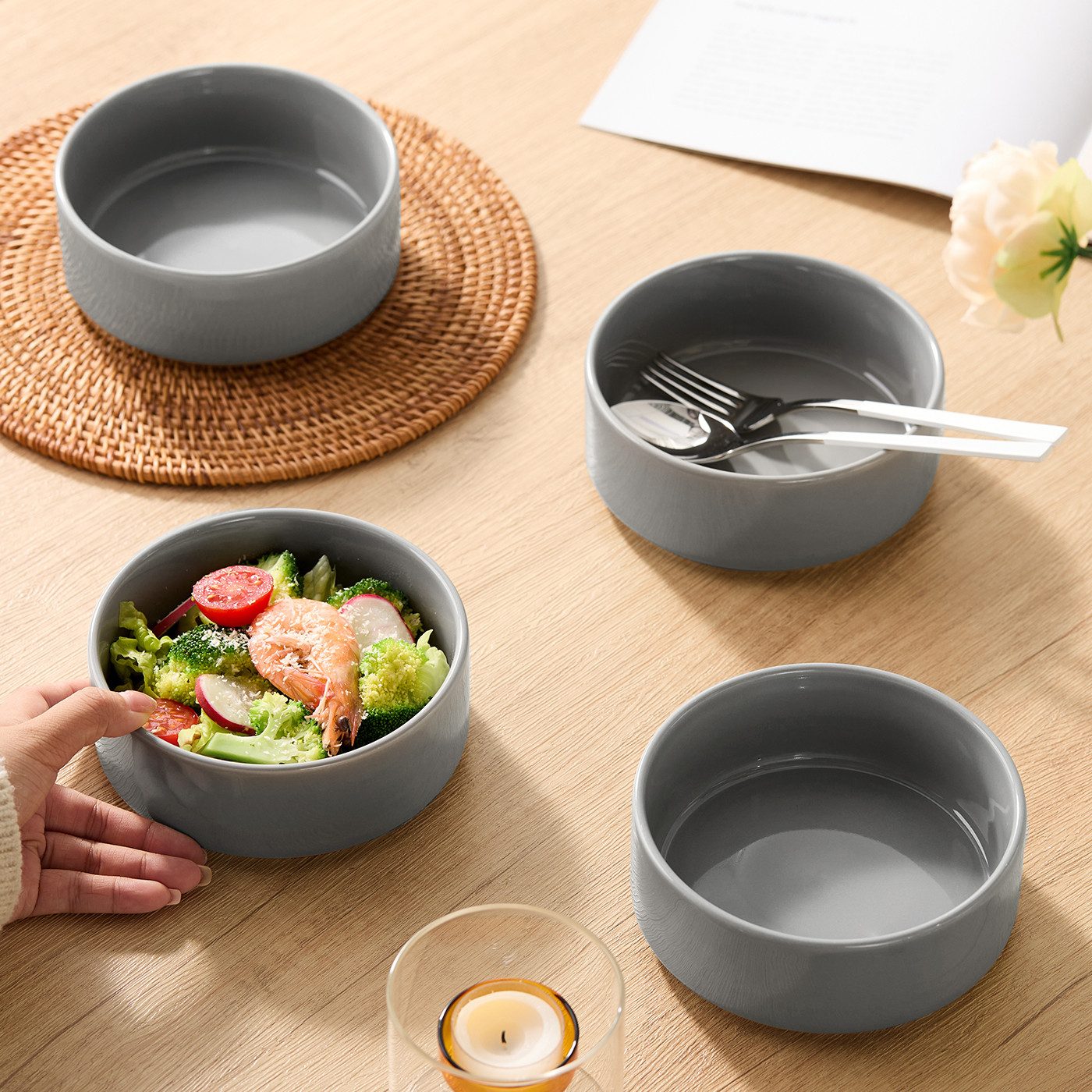 JIWOO Salatschüssel 4er Ø13,5cm, Müslischüssel Suppenschüssel Dessertschale Obstschale, Keramik, (Schüsselset, 4-tlg), Bowl Hochwertiges Schüsseln Grau Schüssel – Bild 5 von 5