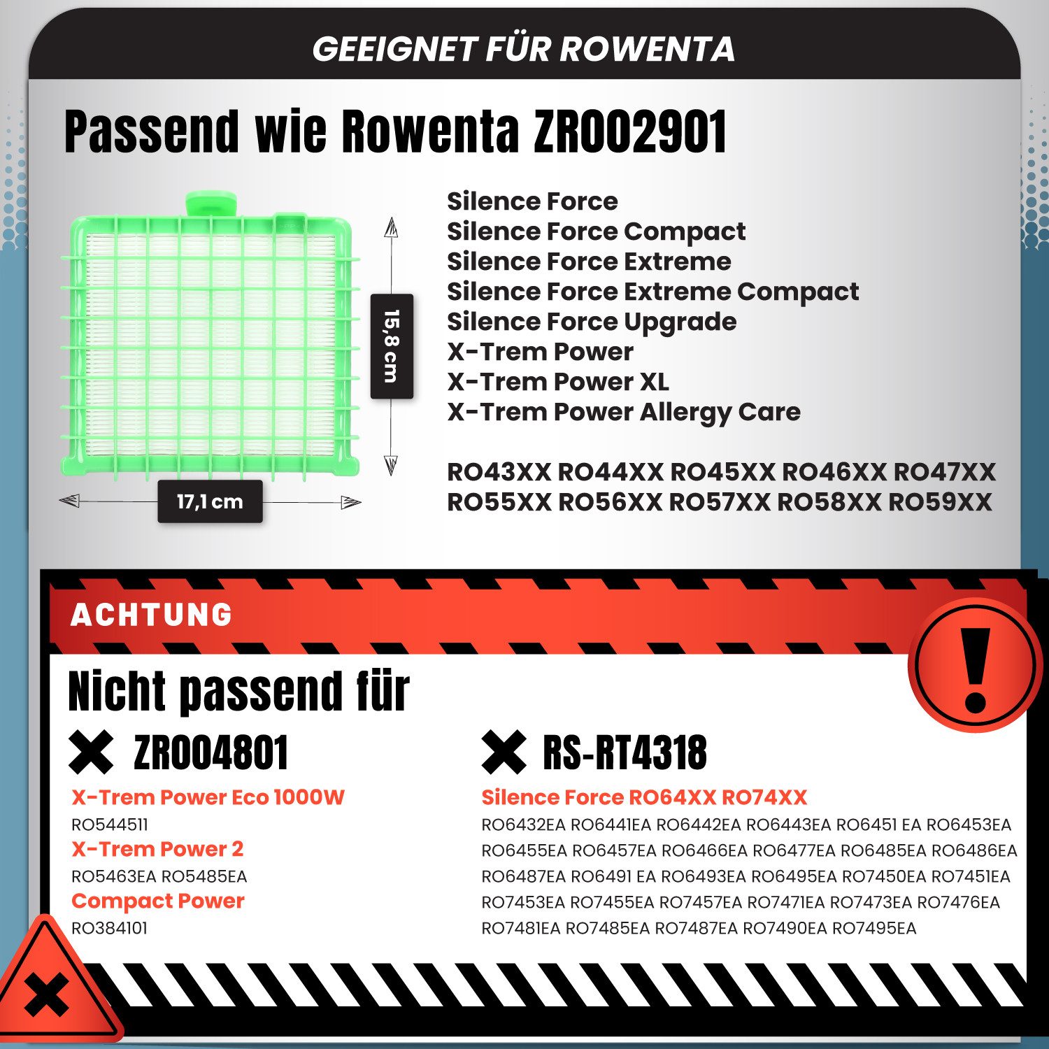McFilter HEPA-Filter 2x Mikrofilter, Zubehör für Rowenta Silence Force ZR002901, passgenau, grün