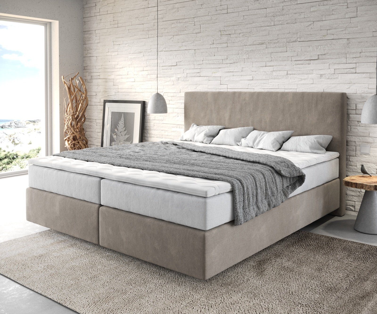 DELIFE Boxspringbett Dream-Well, Mikrofaser Beige 180x200 cm mit TFK Matratze und Visco Topper