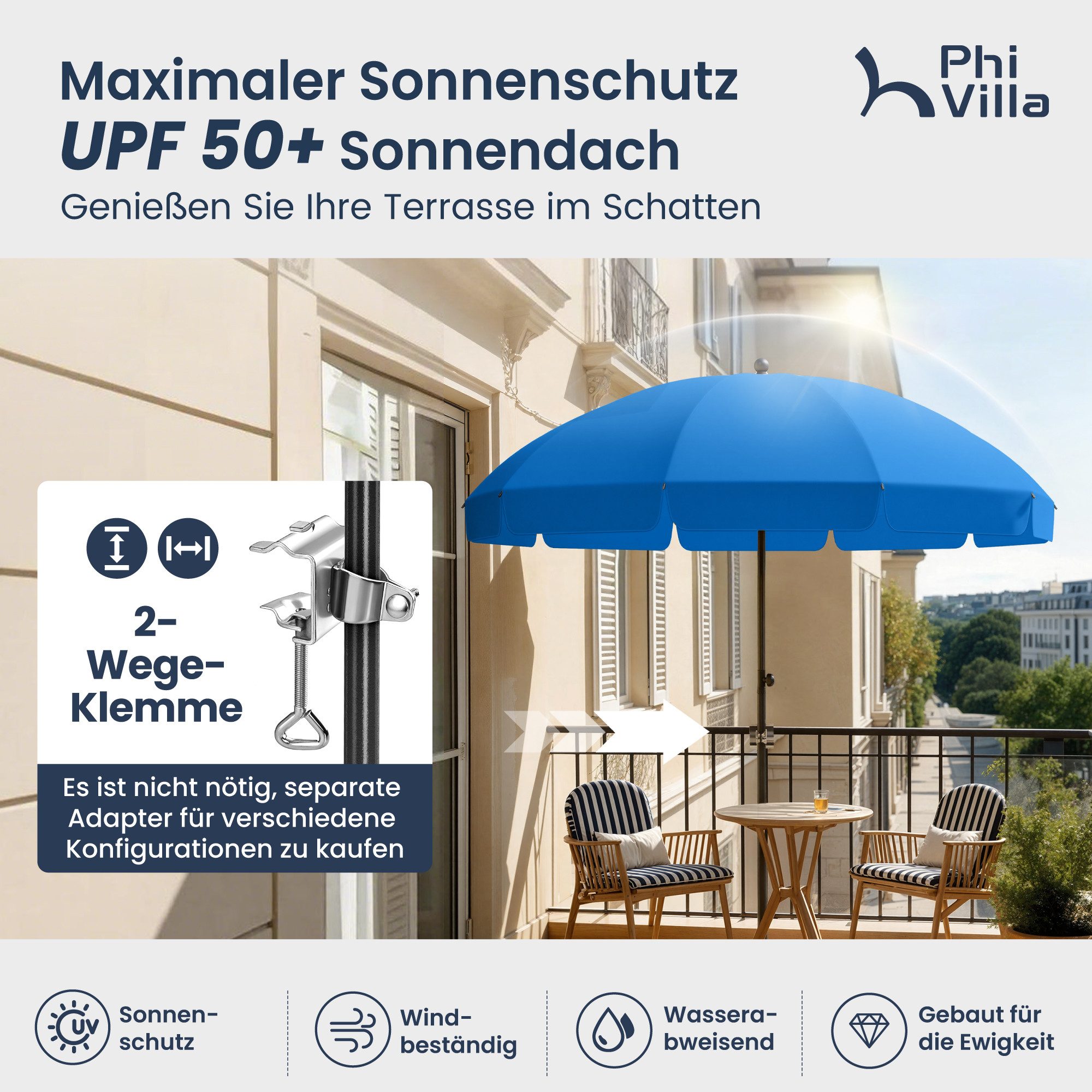 PHI VILLA Sonnenschirm, Höhenverstellbar mit Hülle & Klemme, Strandschirm Kippbar Windfest Stabil zum Mitnehmen