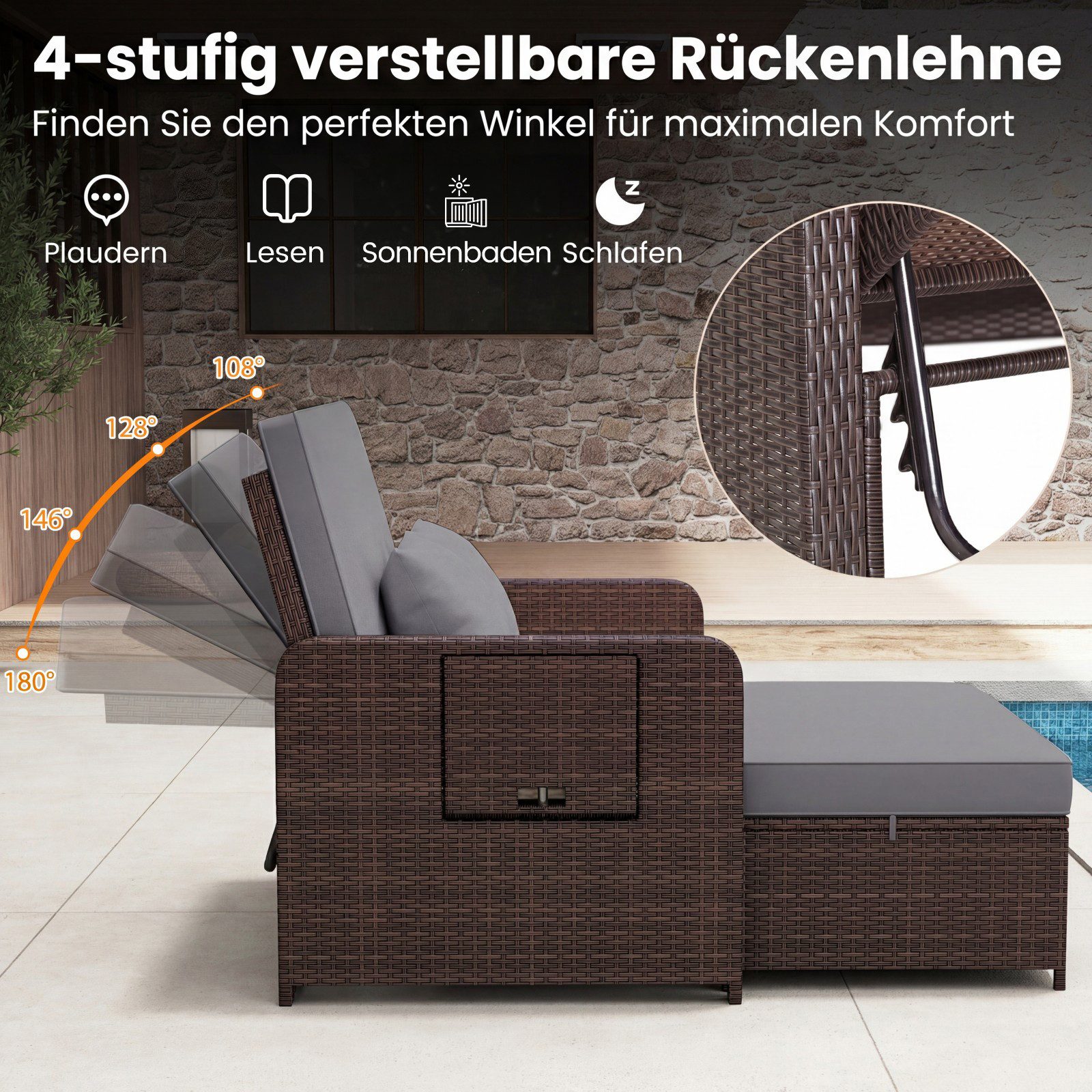 COSTWAY Loungebett, Rattan, 2-Personen, 3 in 1, mit verstellbarer Rückenlehne