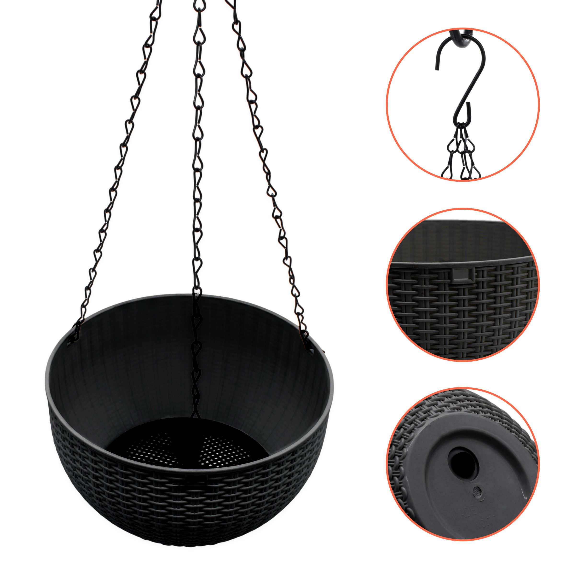 Spetebo Blumenampel in Rattan Optik - 23 cm - mit schwarzer Metallkette (Anzahl, 1 St., Stück), Drainage mit Verschluss-Stopfen