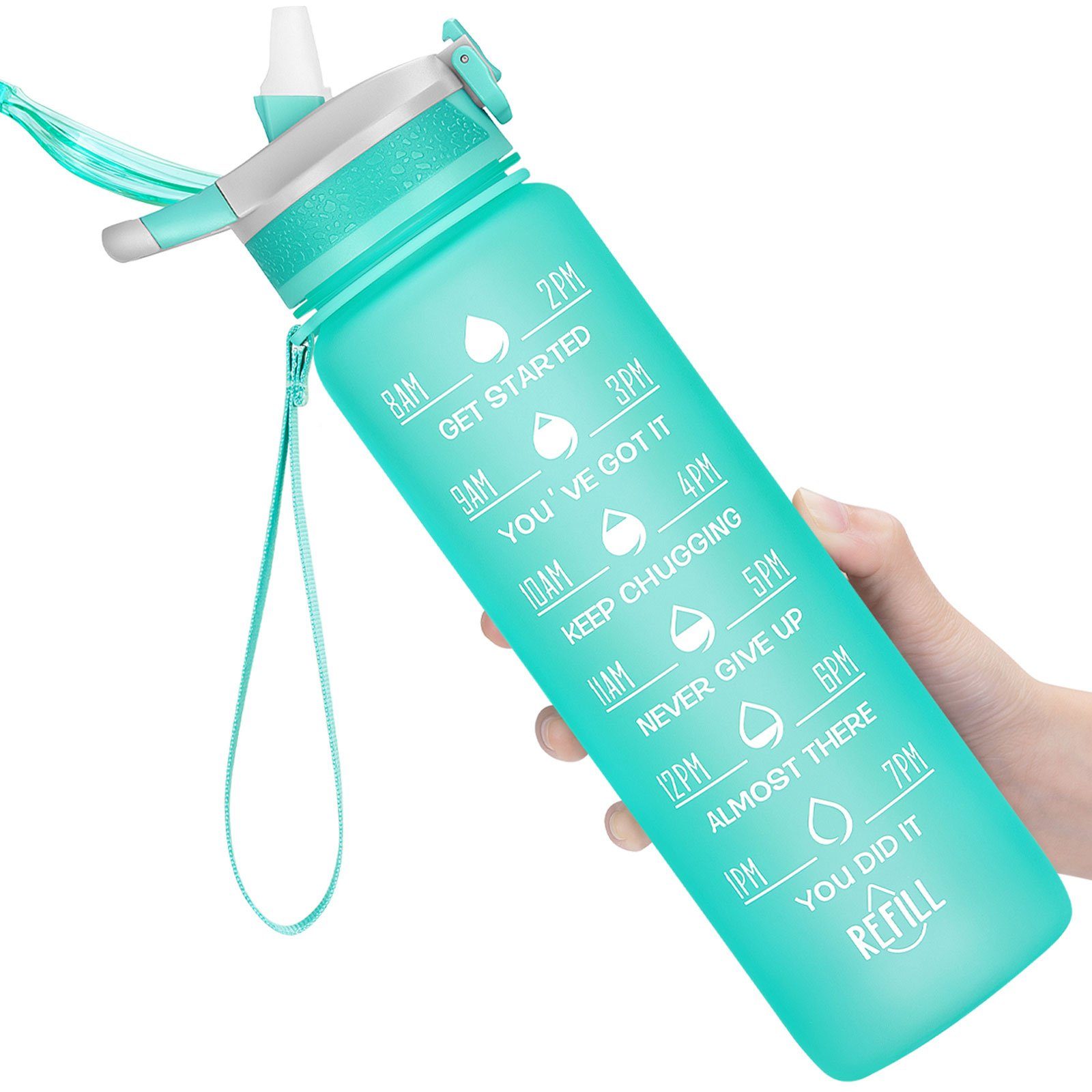 Grün Wandern Trinkflasche Fitness BPA-Frei Camping WISHDOR Strohhalm Outdoor 1L, Zeitmarkierung Auslaufsicher Wasserflasche Liter und Sportflasche Sport 1 Fahrrad