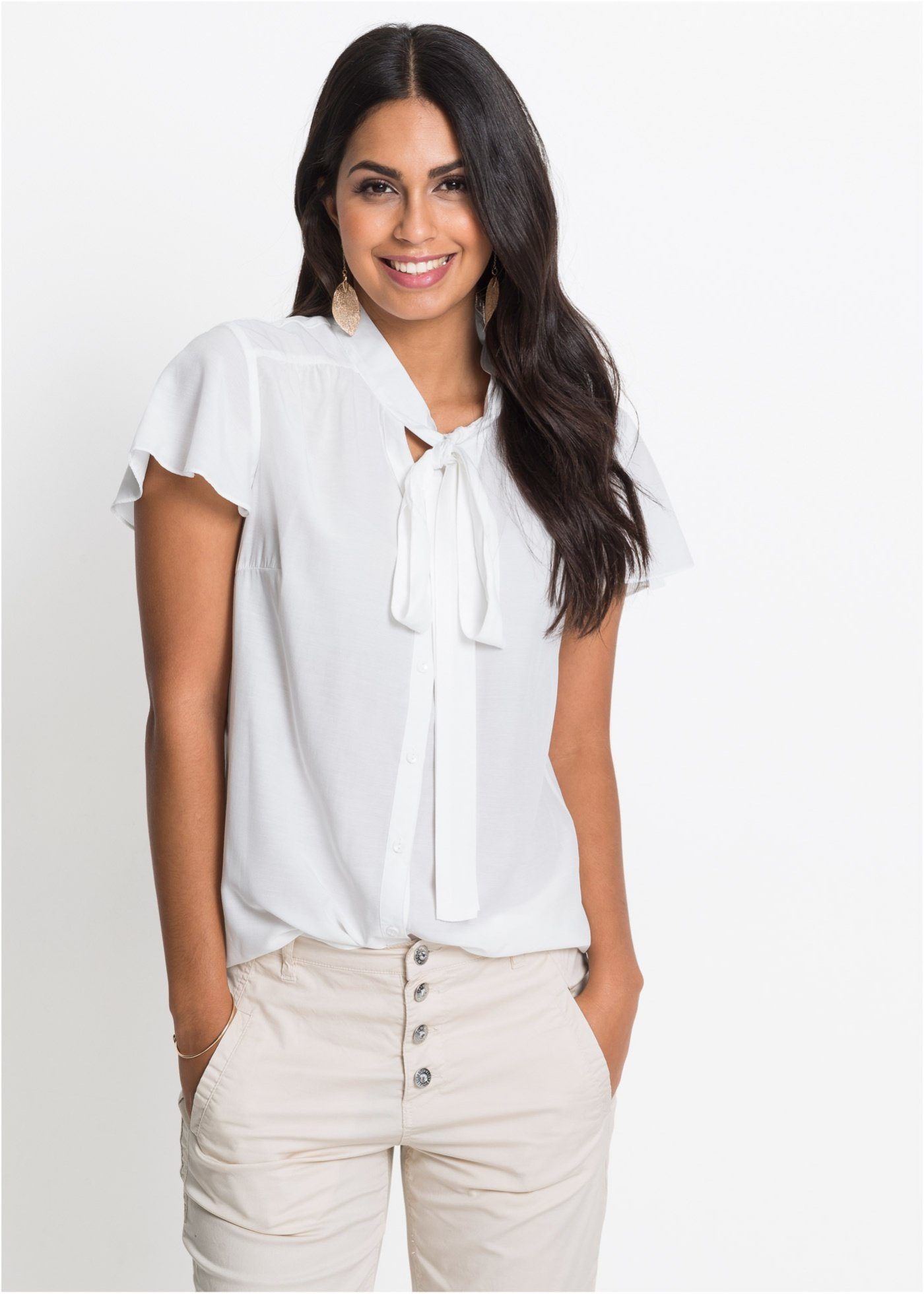 bonprix Kurzarmbluse »Feminine Bluse mit kurzen Ärmeln und dekorativer  Schluppe« (1-tlg) online kaufen | OTTO