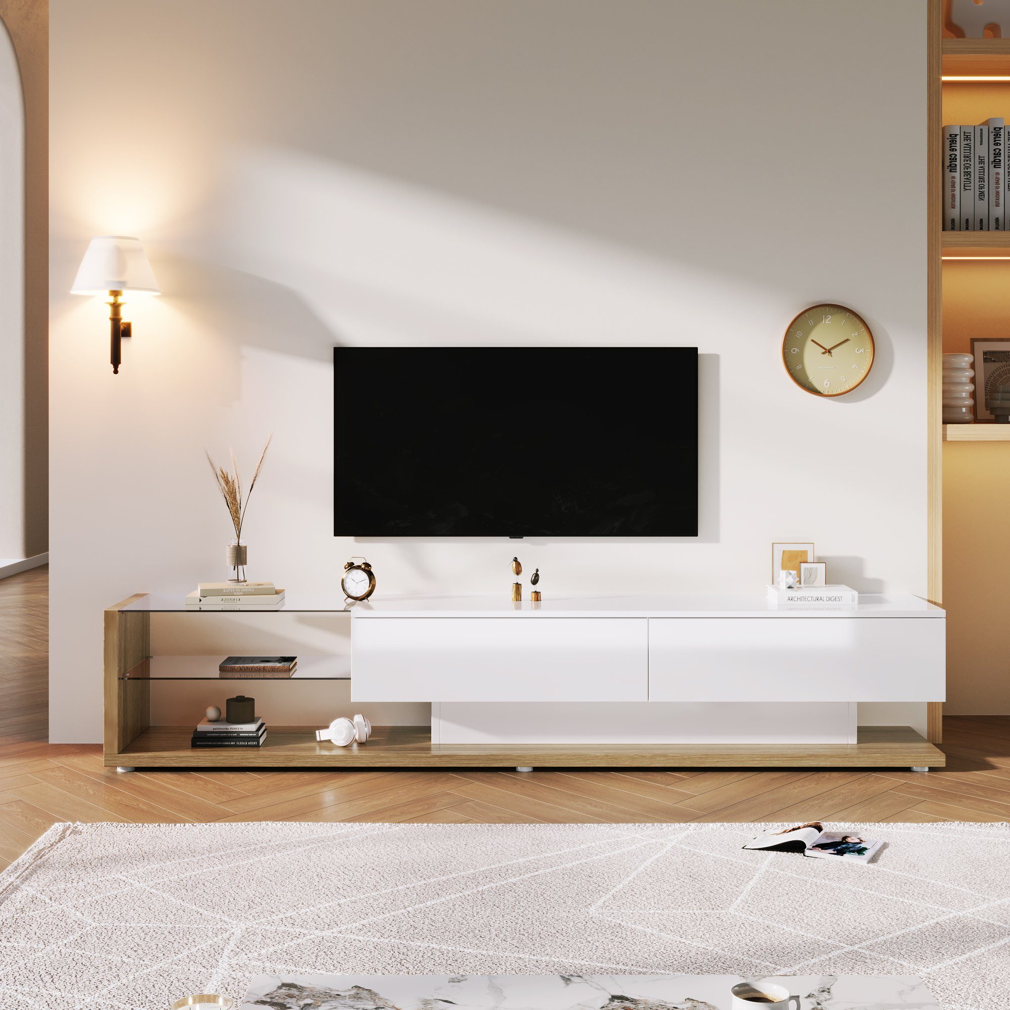 Celya TV-Schrank Glastrennwände und variable Board Natur Fernsehtisch LED-Beleuchtung, Hochglanz-Wohnzimmermöbel Lowboards, TV