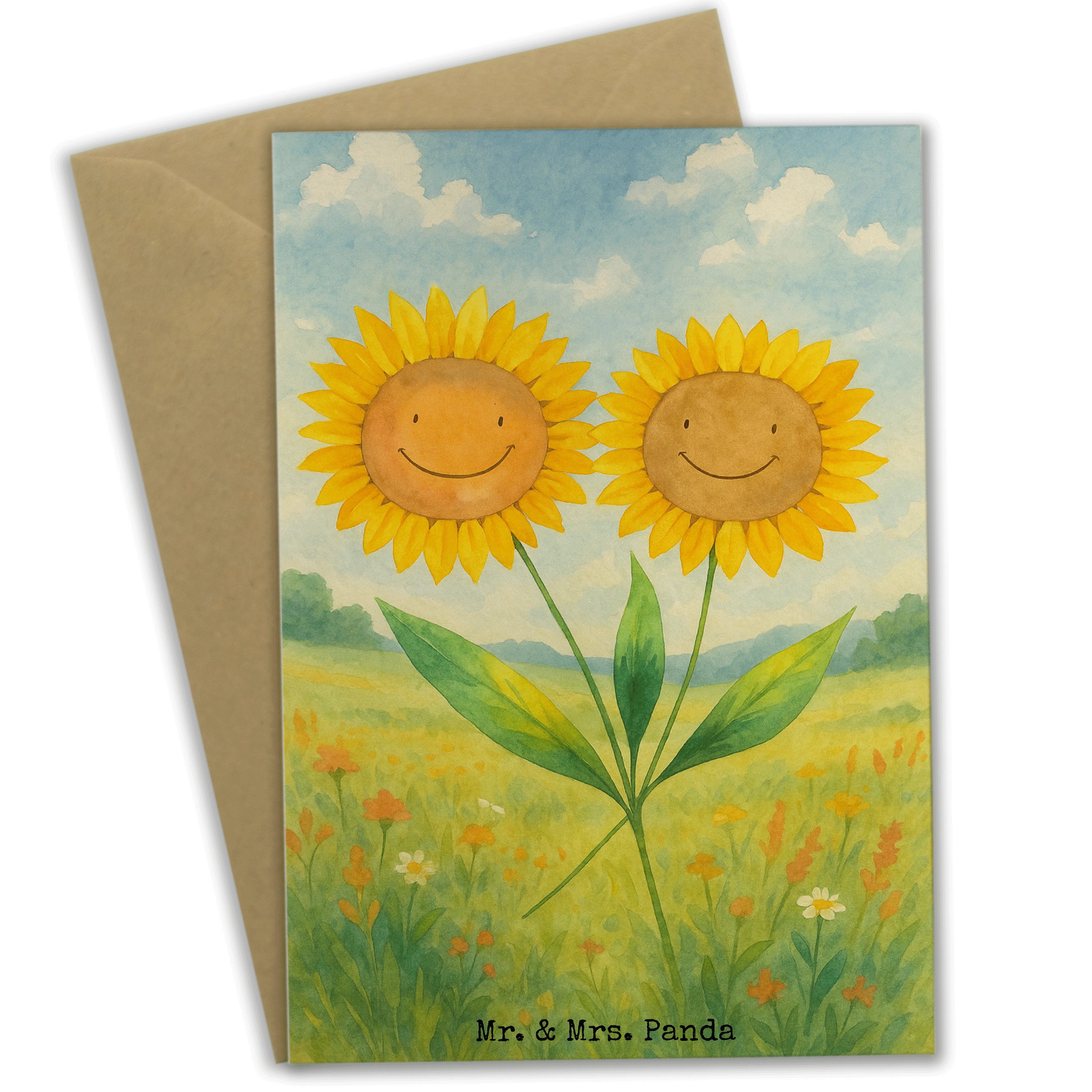 Mr. & Mrs. Panda Grußkarte Blume Sonnenblume Design, Grußkarte, Weiß, Sonnenblumen, Klappkarte, genesungskarte Klappkarte Freundschaft