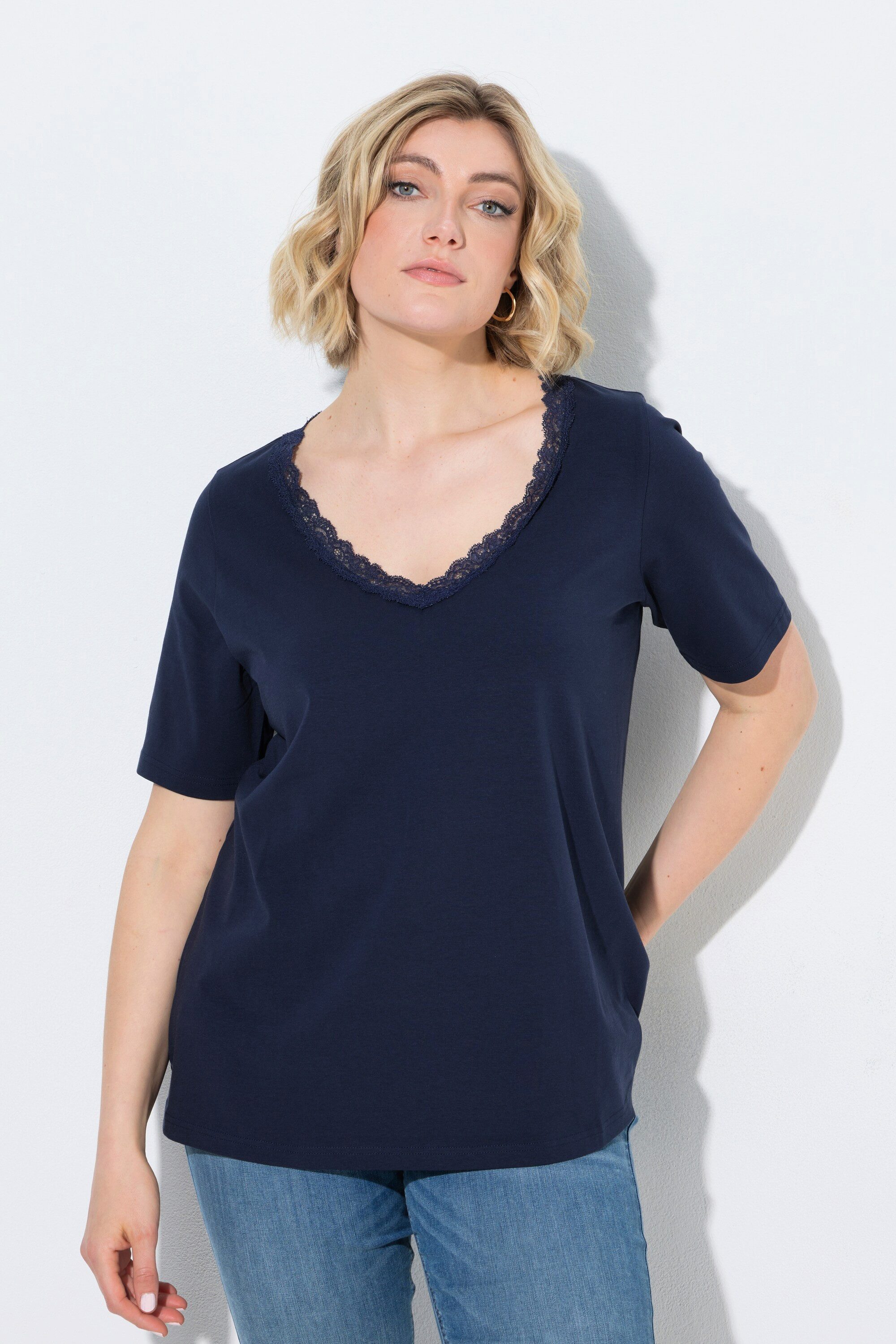 Ulla Popken T-Shirt T-Shirt Spitze Classic V-Ausschnitt Halbarm