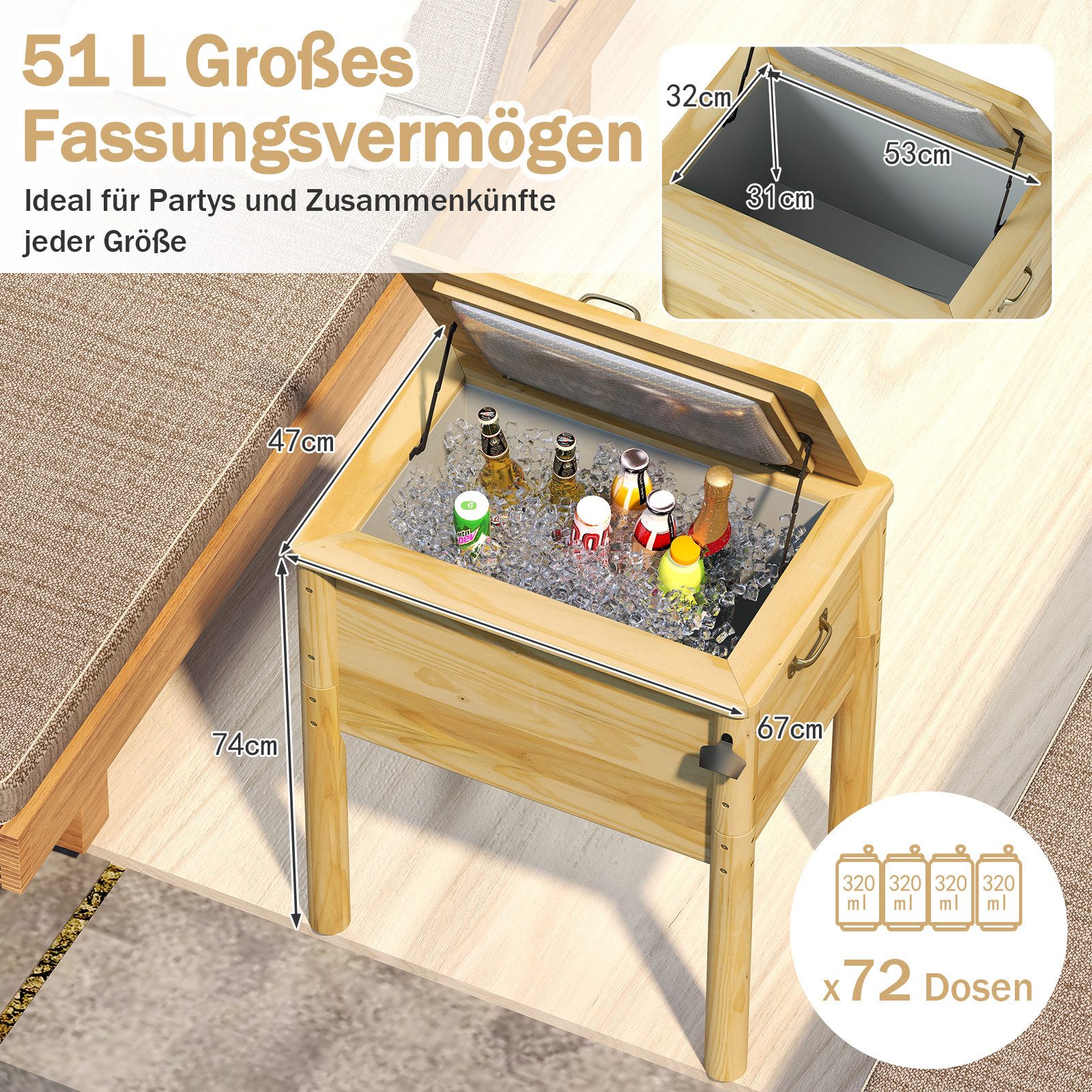 COSTWAY Kühlbox, 51 l, Holz-Terrassenkühler, Outdoor-Getränkekühler