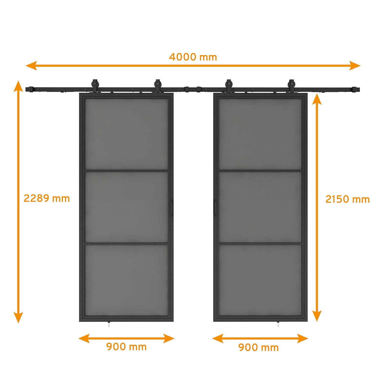 inova wohnen Doppelschiebetür Stahltür schwarz Grauglas (Komplett Set), Laufschiene Softclose Loftstyle