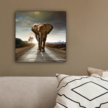 OneMillionCanvasses® Leinwandbild Elefant - Straße - Tiere - Sonnenuntergang - Landschaft, Elefant - Sonnenuntergang (1 St), Leinwand Bilder für Wohnzimmer Schlafzimmer, 20x20 cm