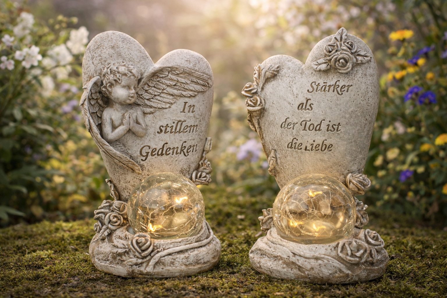 Mel-O-Design Grabkerze Ewiger Trost Grabherz Engel Gedenkfigur mit Solarlicht 2er Set (2-tlg)