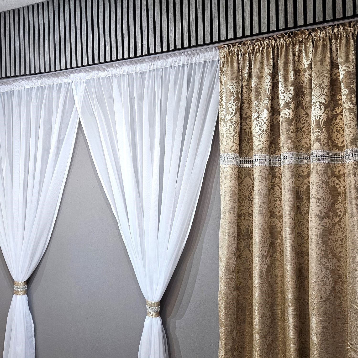Gardinen by Justyna Verdunkelungsvorhang Vorhang Schal Set Gold Beige, Kräuselband, Lichtschutz, Blickdicht,Verdunkelung,Verdunkelt,Kräuselband,Store