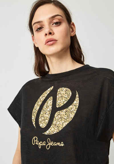 Pepe Jeans Print-Shirt »ALICE« mit weitem Ärmelausschnitt und großem Frontprint mit geblümtem Marken-Logo