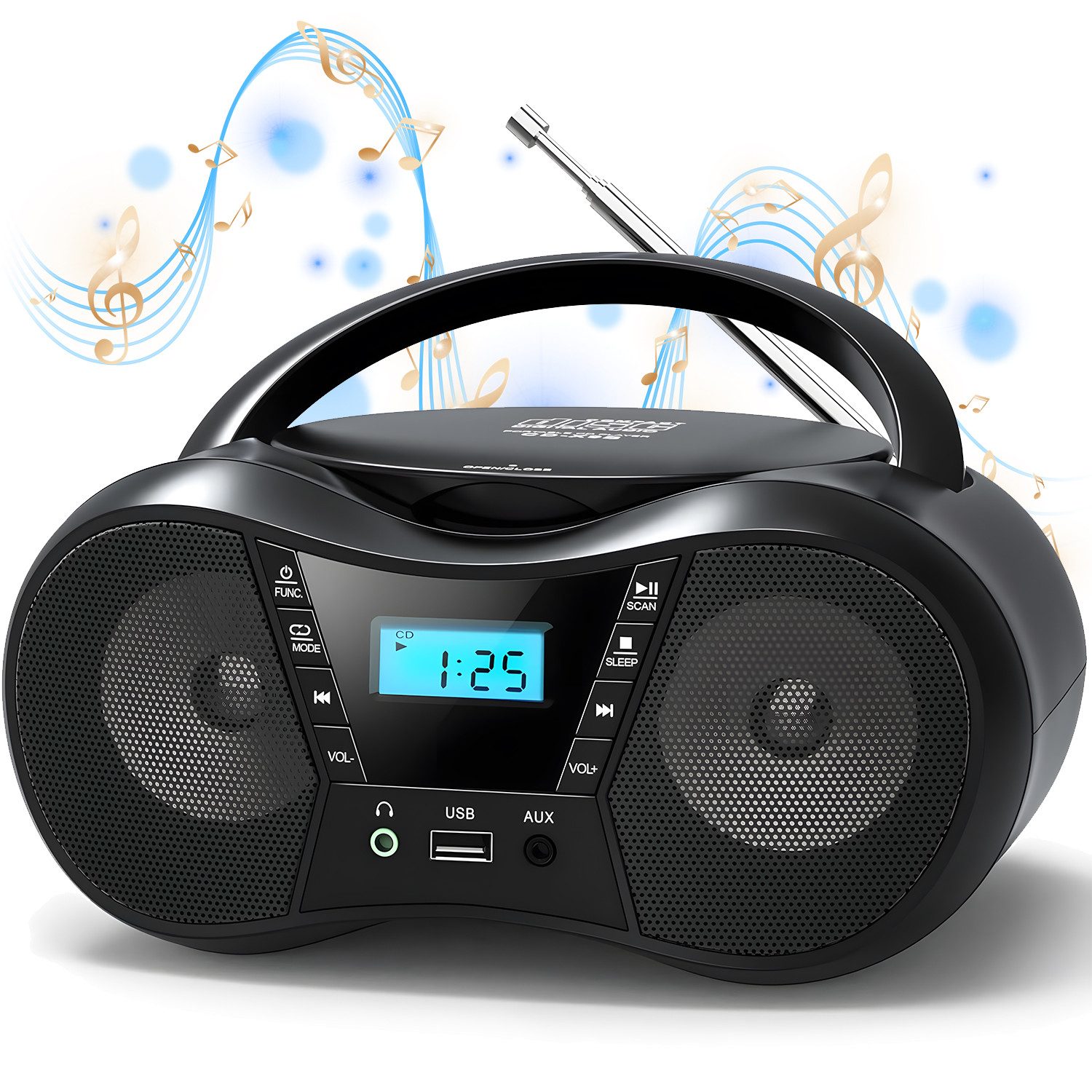 AKKEE tragbarer CD-Player mit UKW Radio, Mit LCD-Display CD-Player (Bluetooth, USB & AUX, CD/FM)