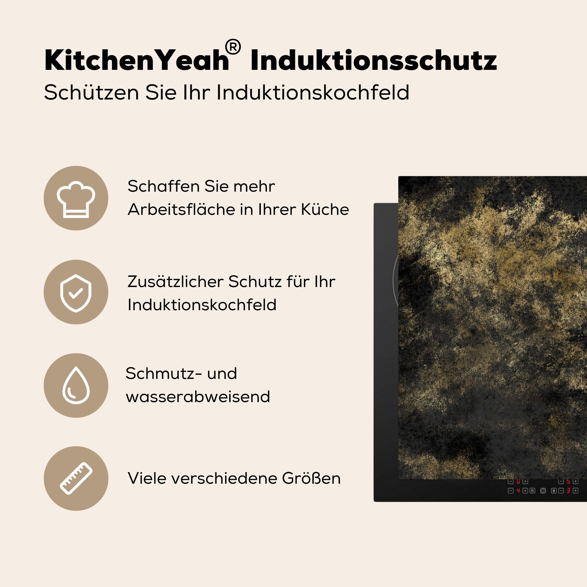 - Ceranfeldabdeckung, Herdblende-/Abdeckplatte Schwarz tlg), (1 küche Vinyl, - Vintage, cm, für Gold 78x78 MuchoWow Arbeitsplatte