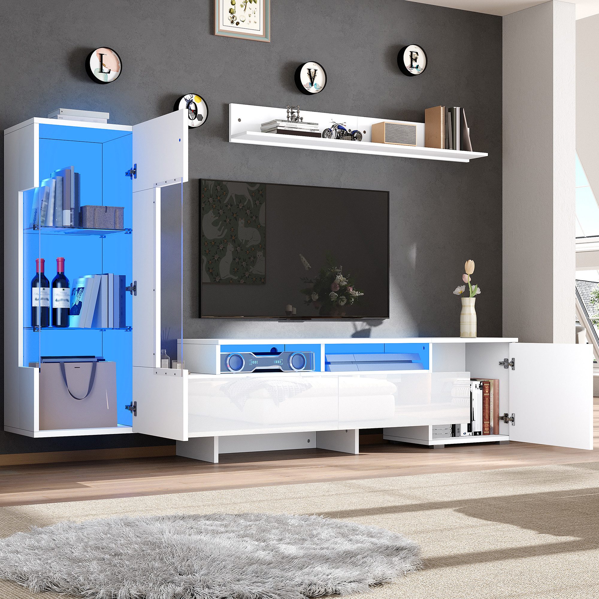 STILVORA Wohnzimmer-Set hochglanz TV-Schrank bis 70' Vitrine Hängeregal mit LED Licht Weiß
