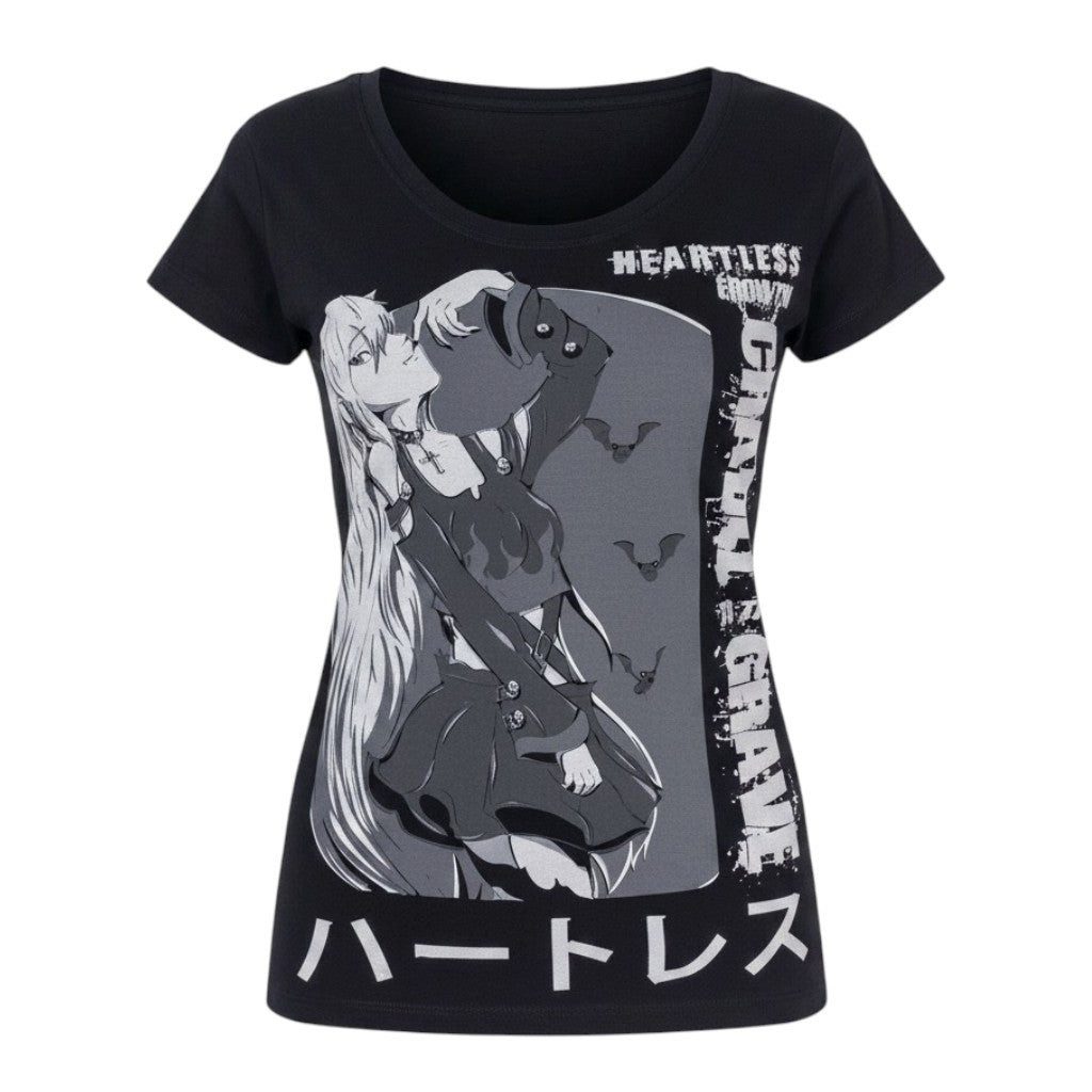 Heartless Print-Shirt Cradle T-Shirt – Gothic Anime T-Shirt mit Manga-Print von Heartless Gothic Shirt Anime aus Baumwolle mit Print