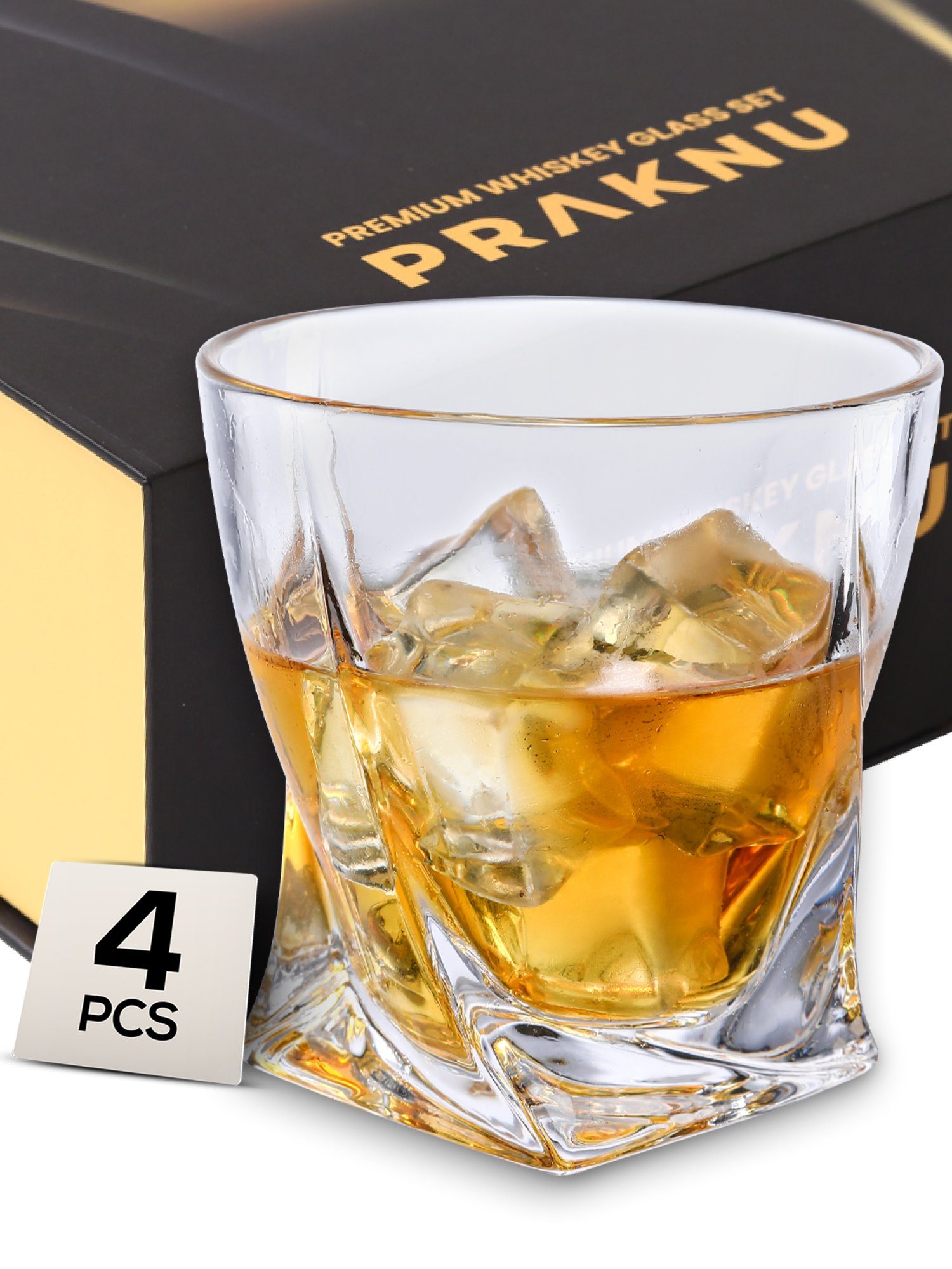 Praknu Gläser-Set 4er Whisky Gläser Twisted, 4-tlg., Glas, mit Geschenkbox - Edles Kristallglas 270ml - Twist Whisky Glas - Spülmaschinenfest