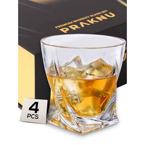 Praknu Gläser-Set 4er Whisky Gläser Twisted, Glas, mit Geschenkbox - Edles Kristallglas 270ml - Twist Whisky Glas - Spülmaschinenfest