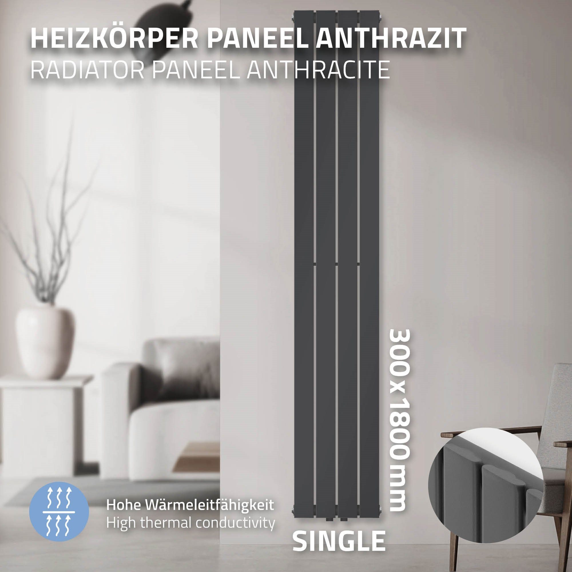 Paneelheizkörper Mittelanschluss Heizkörper Vertikal Röhren ML-DESIGN Designheizkörper Montage-Set Flachheizkörper, 1800x300mm Anthrazit