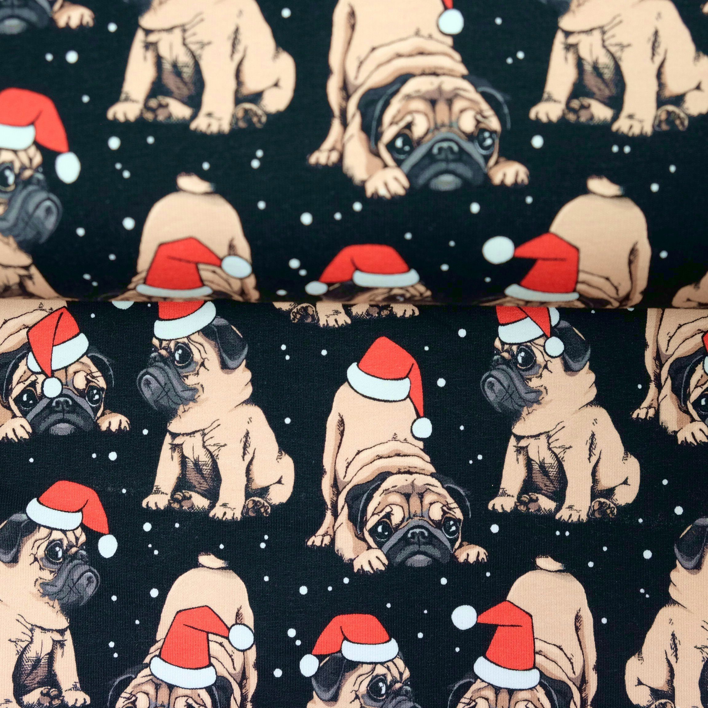 larissastoffe Stoff Weihnachtsstoff Baumwollstoff Mops, Webware Weihnachten Hund, Meterware, 50 cm x 140 cm