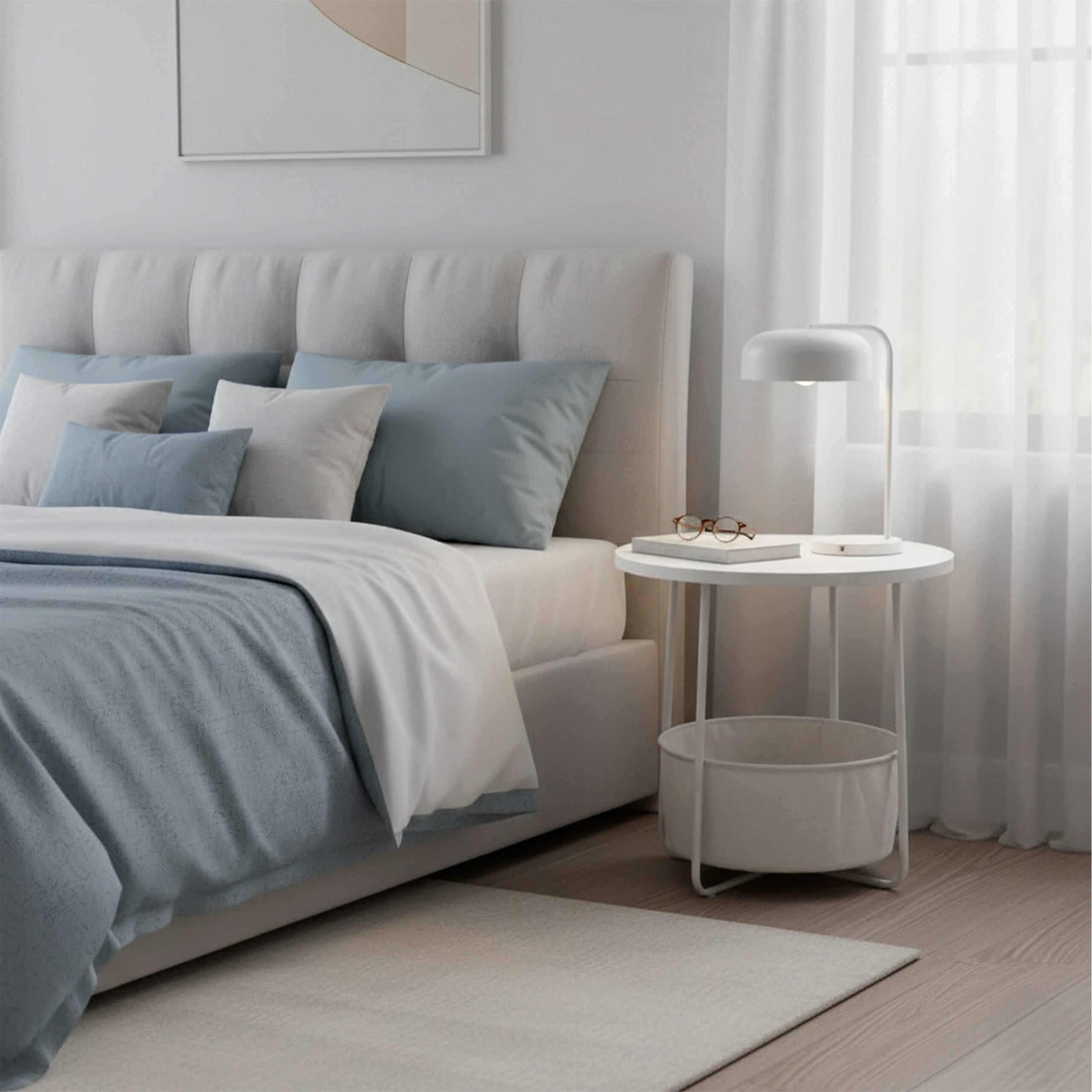 relaxdays Beistelltisch Runder Beistelltisch mit Korb, Naturbeige-Cremeweiß