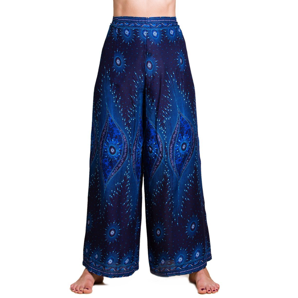 Boho Stoffhose blau dunkel langer Palazzohose Hose aus Viskose Hosenrock Pants Haremshose Design Sunshine Pareo Peacock im PANASIAM natürlicher Wickelhose