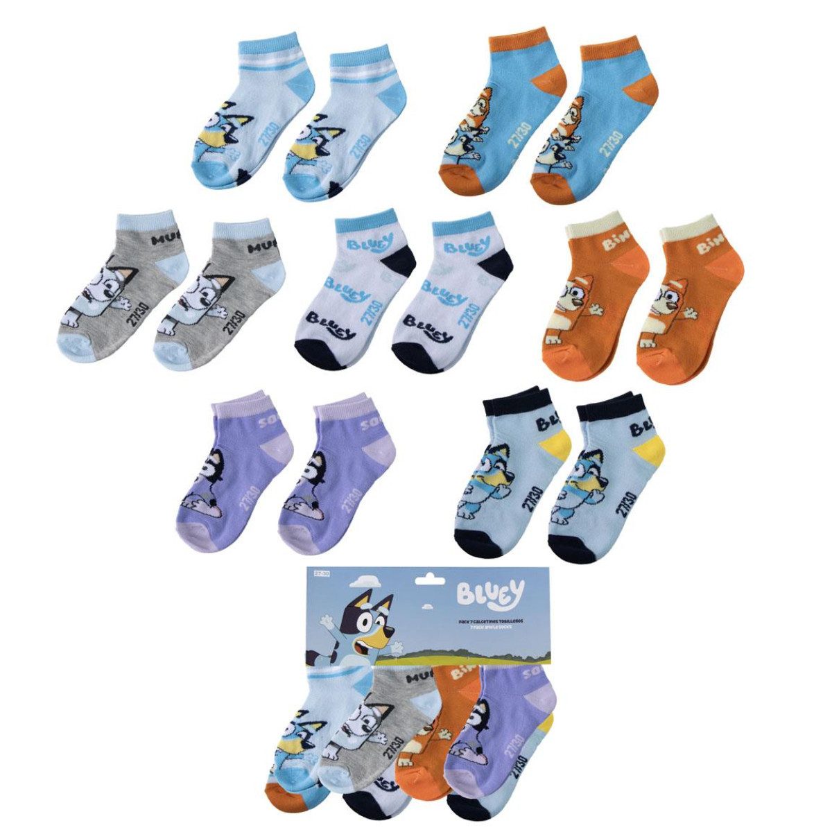 Bluey Kurzsocken 7 Paar Kinder Kurzsocken Set für Schule und Freizeit
