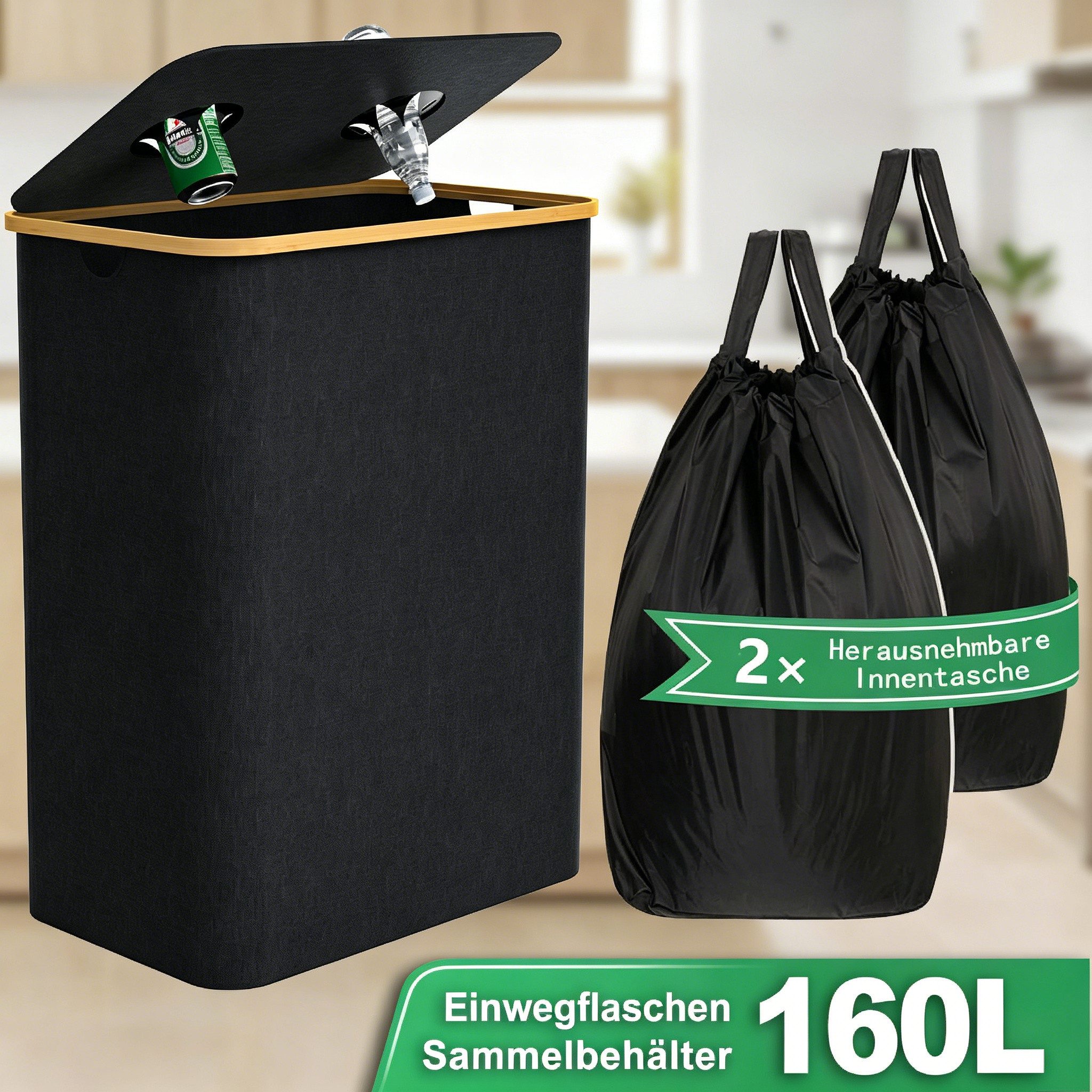 GarveeMore Mülltonnenbox 160L Pfandflaschen Aufbewahrung mit Deckel, inkl. 2 Innentaschen, Für Küche/Büro/Outdoor, Groß Behälter Leergut Flaschensammler