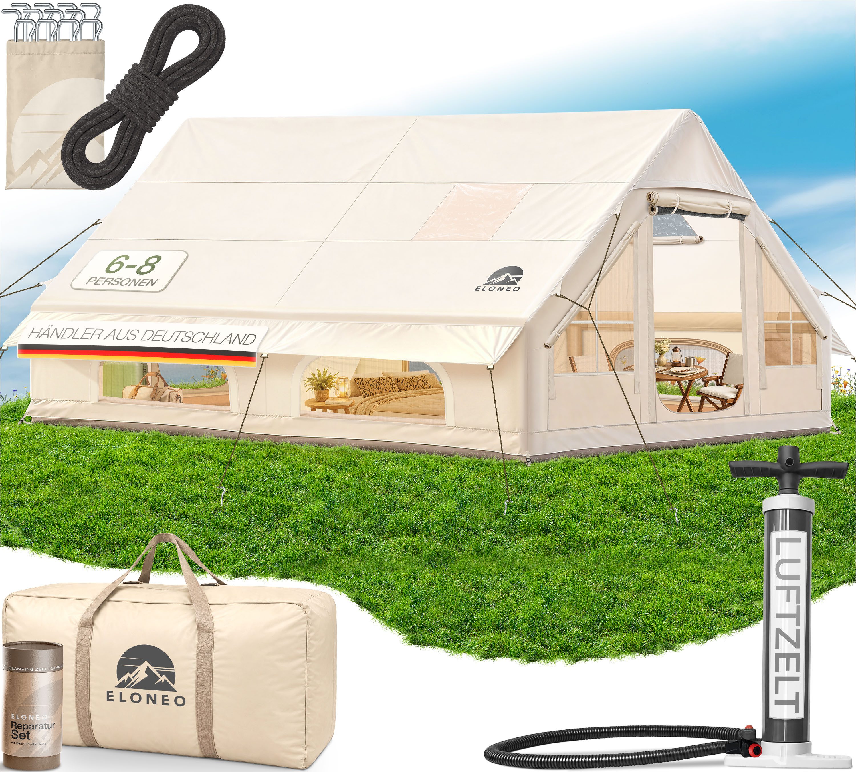 ELONEO aufblasbares Zelt ELONEO Glamping Zelt für 2-8 Personen mit Dachfenster, Personen: 8, UV-Schutz: UV50+