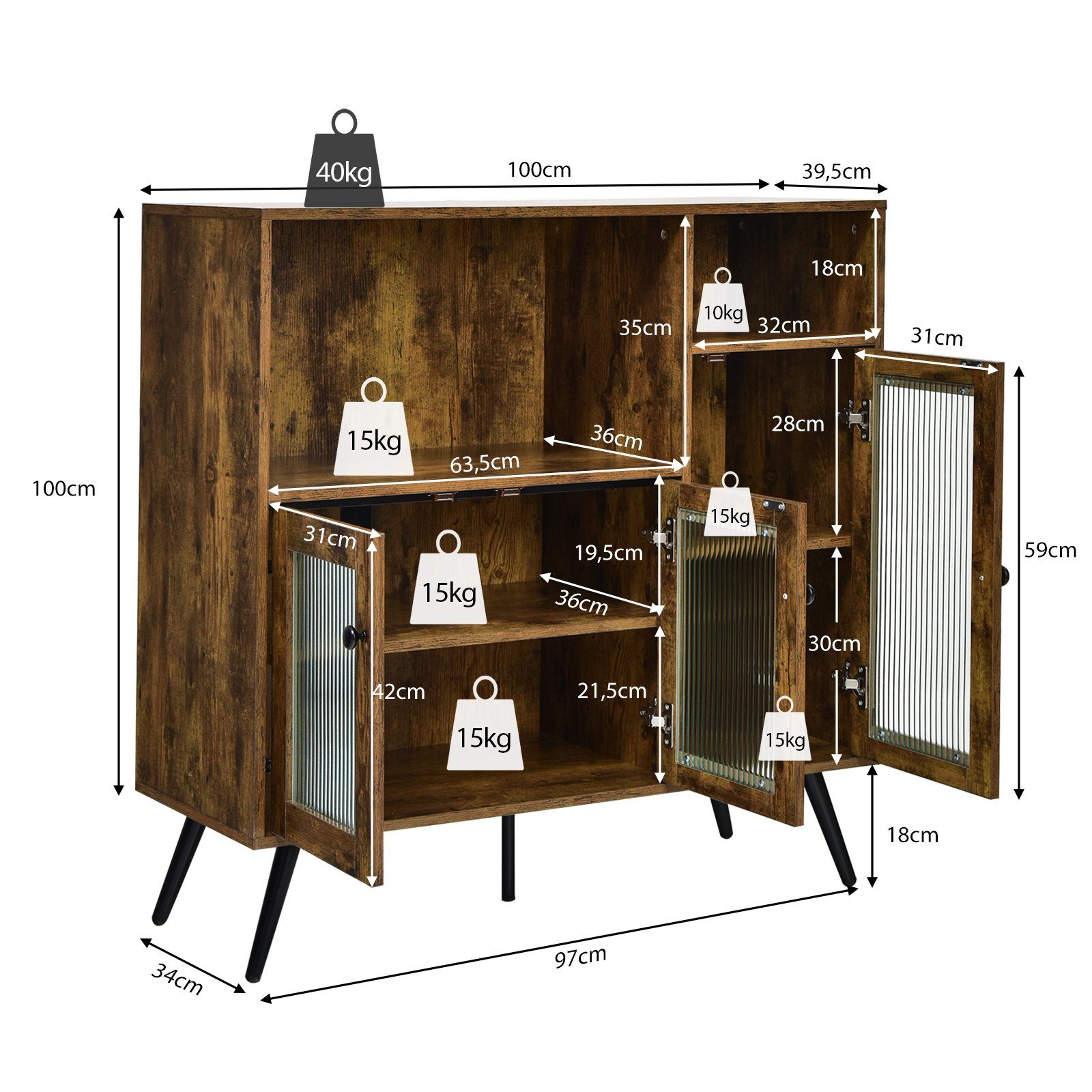 COSTWAY Küchenbuffet mit Glastüren | Fächern, Kippschutz, rustikales Braun Braun & 100x39,5x100cm