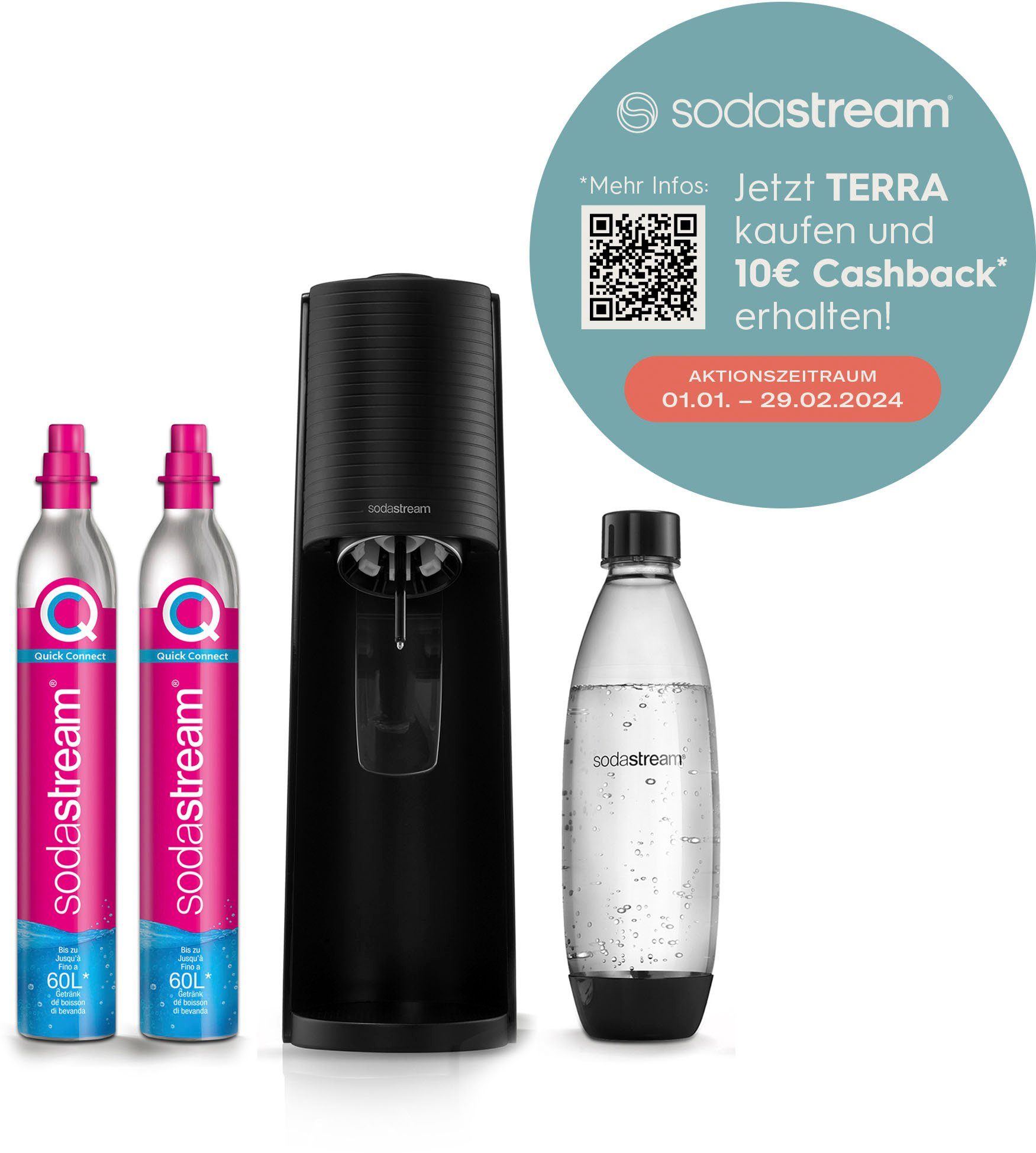 SodaStreamWassersprudler,CO2-Zylinder+ Bundle, TERRA (Set, 1L Wassersprudler SodaStream Kunststoff-Flasche 4-tlg),